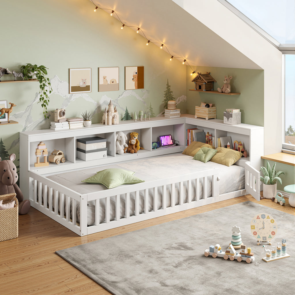 3ft Single Floor Bed Frame with Beside Bookcase and Storage Shelves, Full Floor Bed Frame with Guardrails and Door for Bedroom, USB and Type - C Ports, White (No Mattress)