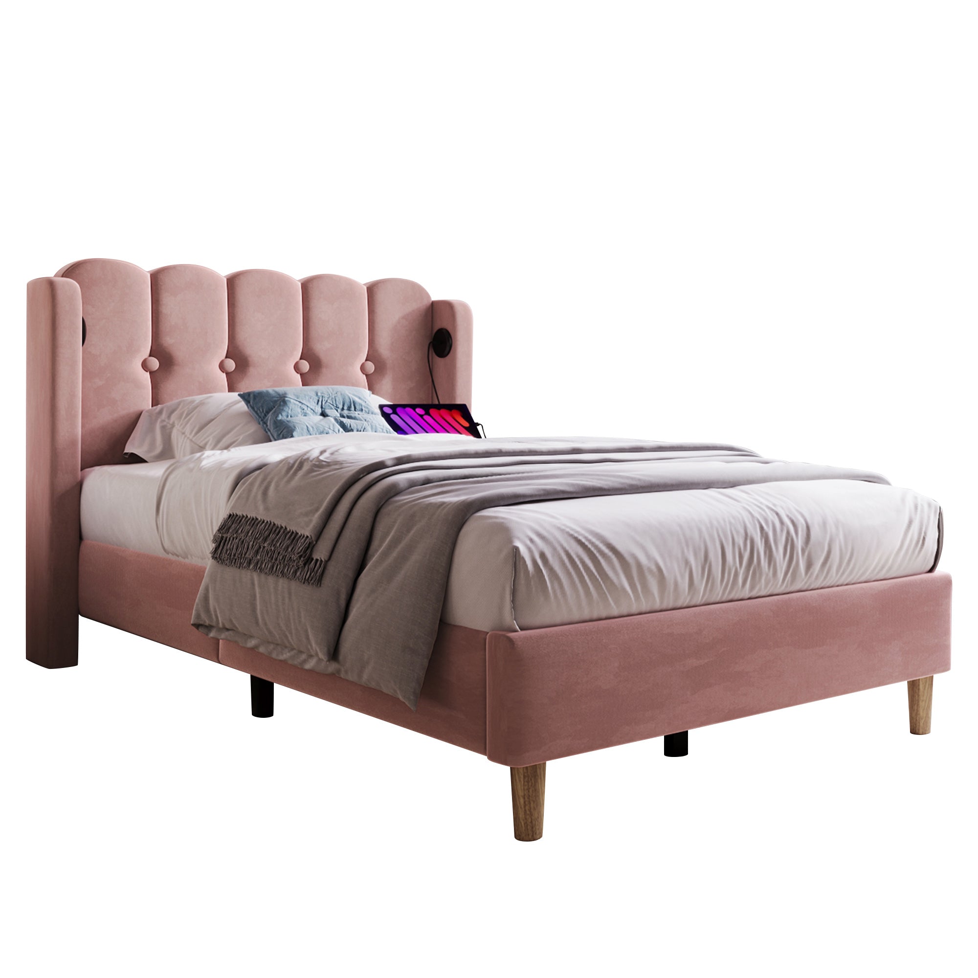 Upholstered Single Bed with USB and Type-C Charging, Bed Frame with Wooden Slatted Frame, Teenager Bed for Bedroom & Guest Room,3ft 90x 190 cm Bed Frame, Pink, Velvet Material (No Mattress).