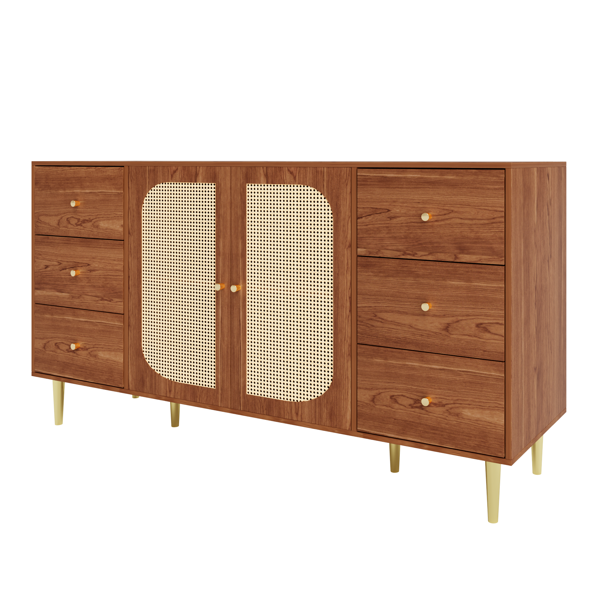 Modern sideboard 160*40*90cm, rattan door design, with 6 drawers, wooden texture, gold metal legs, dining room living room storage cabinet