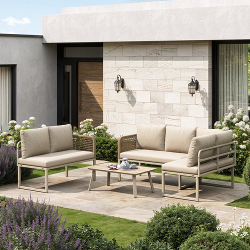 5-6 Seater Garden Furniture Set with Wood-look Tempered Glass Coffee Table, L-Shaped Corner Sofa with Polyester Rope, Weatherproof Outdoor Patio Dining Lounge Set for Balcony and Terrace, Linen, Beige