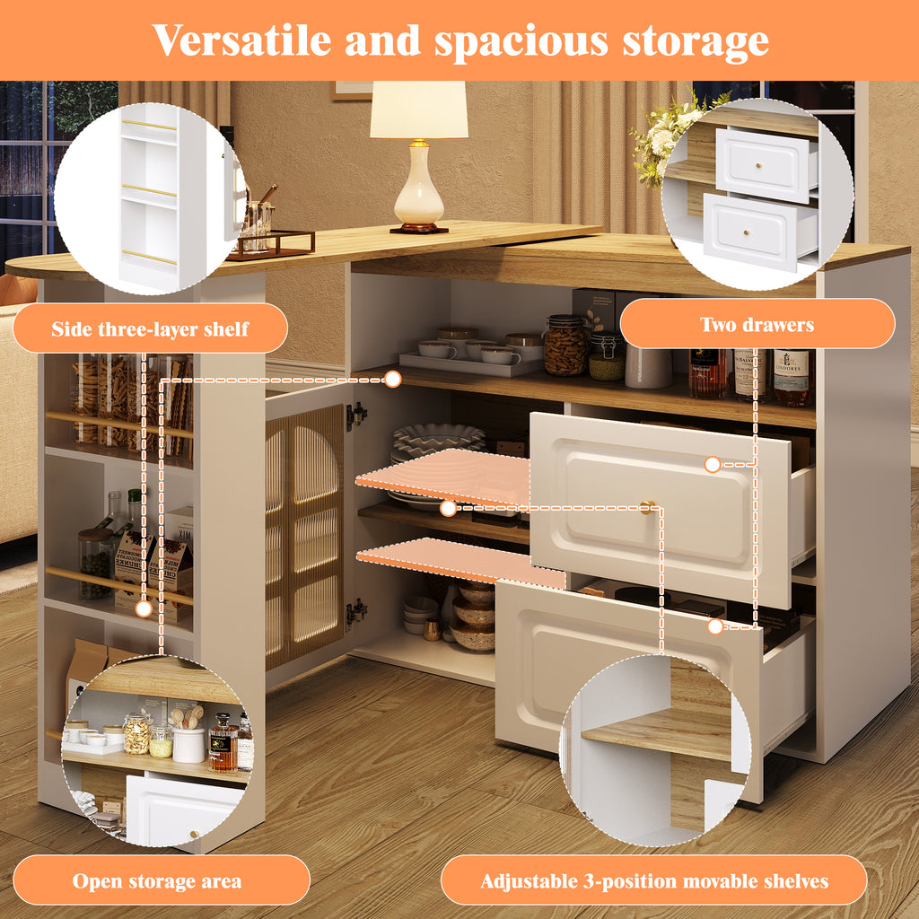 Rotating sideboard, suitable for bedrooms, living rooms, dining rooms, 2 drawers, snack shelf, open storage compartment, rotating sideboard cabinet with shelves and curved glass, white