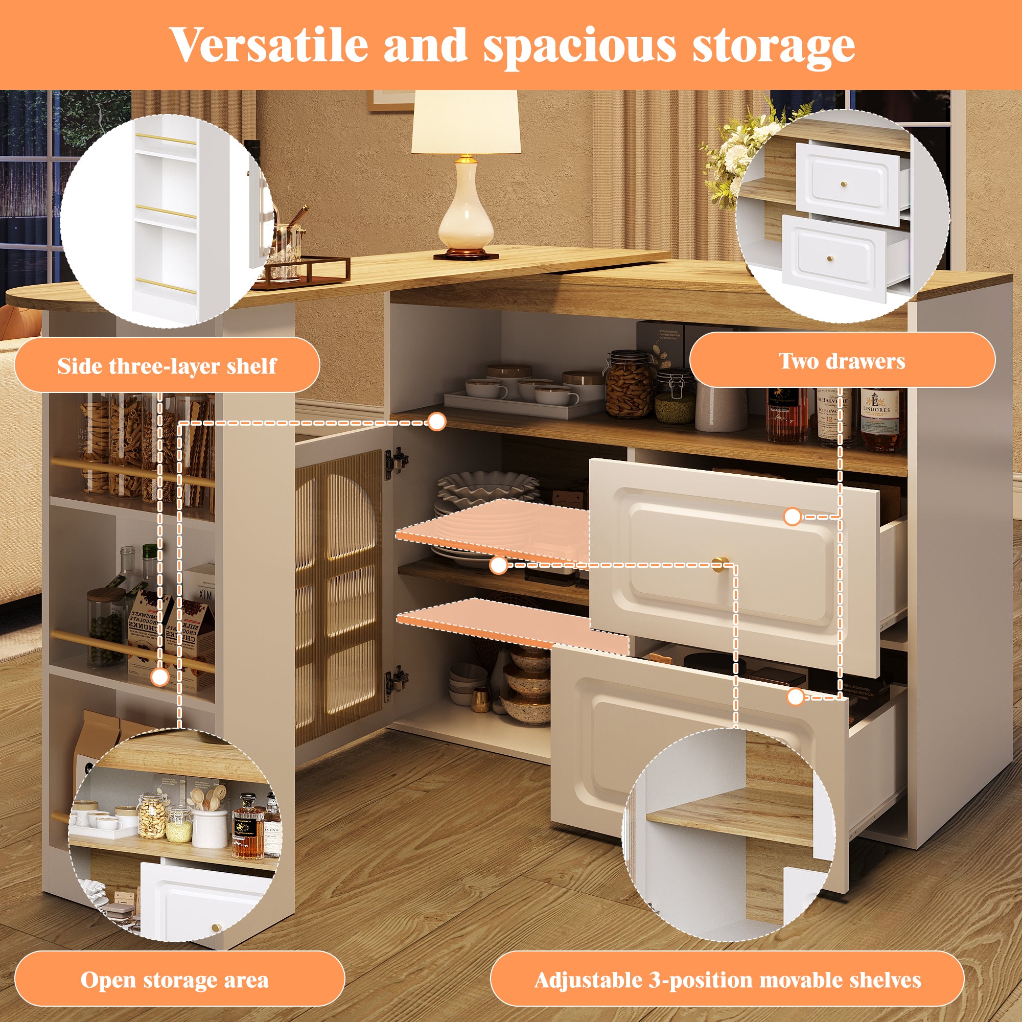 Rotating sideboard, suitable for bedrooms, living rooms, dining rooms, 2 drawers, snack shelf, open storage compartment, rotating sideboard cabinet with shelves and curved glass, white