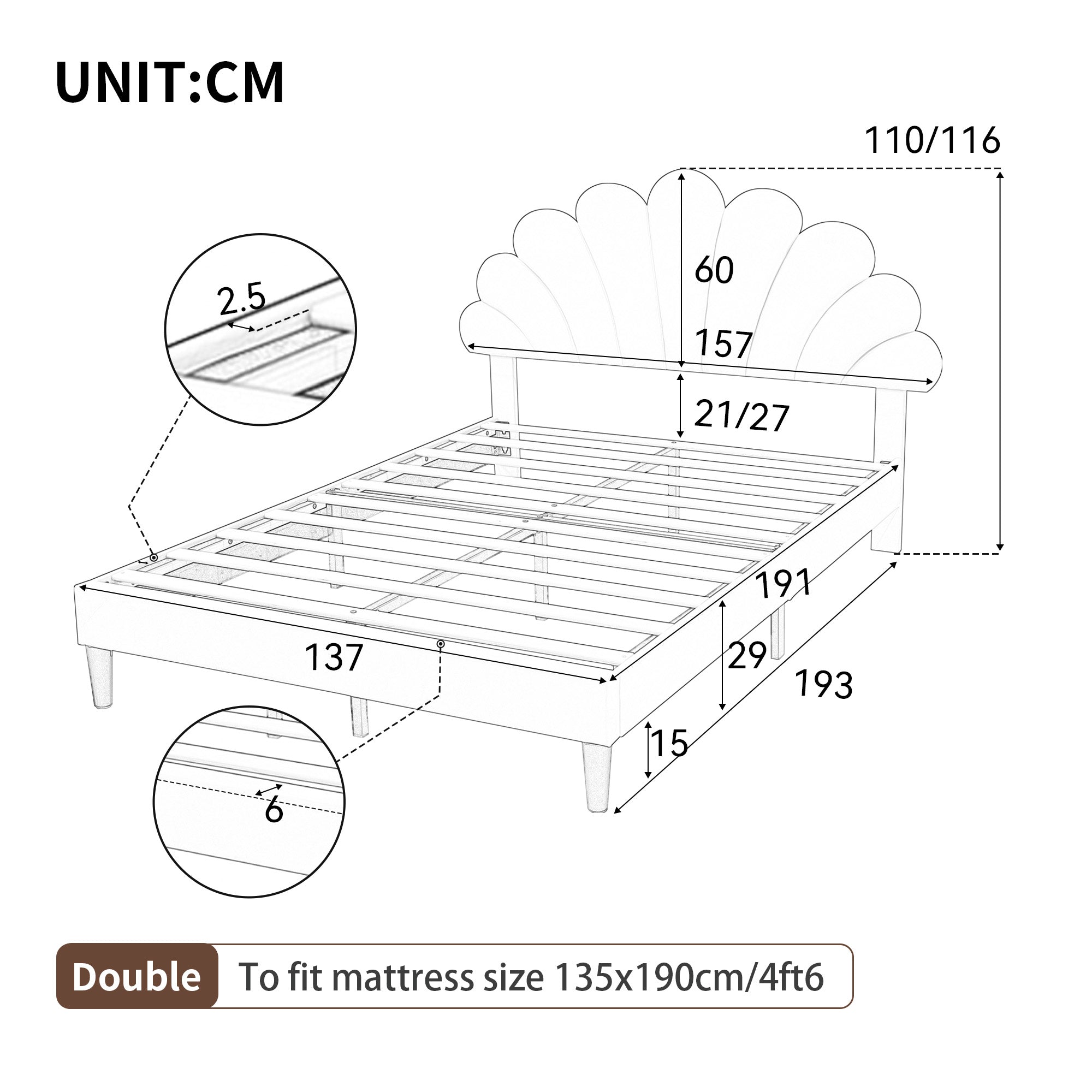 4ft6 Double Upholstered Velvet Bed Frame, with Adjustable Chic Petal Headboard, Velvet Platform Bed Frame with Solid Wood Slat, No Box Spring Needed, Easy Assembly, Beige