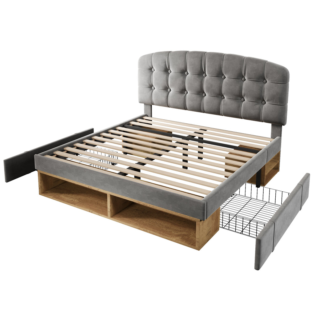 Upholstered Double Bed with Storage Compartments and Drawers, 4ft6 Double Bed with Adjustable Headboard, 135 x 190 cm, Velvet, Grey (No Mattress)