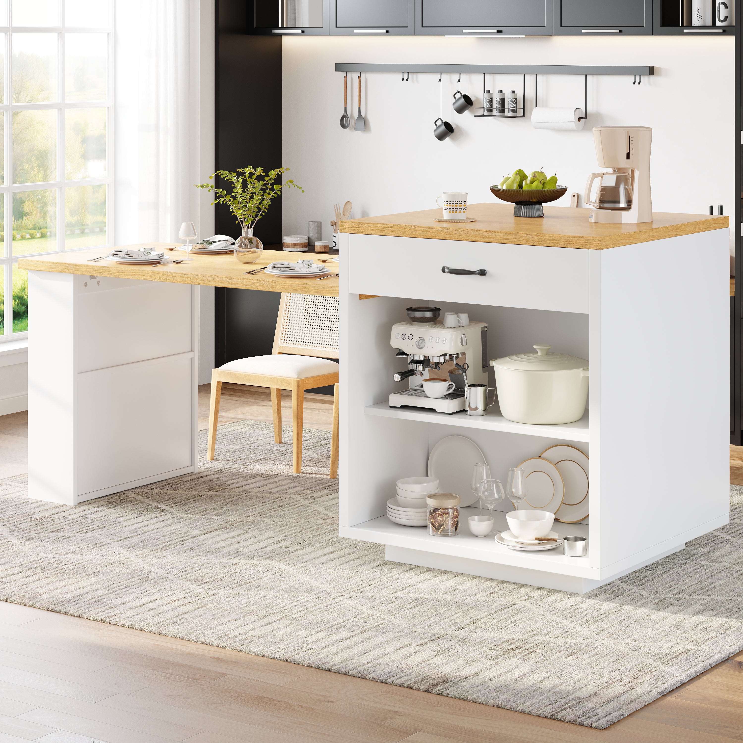 Extendable Kitchen Island with LED Lighting, Modern Storage Cabinet with 2 Drawers & Adjustable Shelves, Kitchen Sideboard with Fluted Glass Doors, MDF Kitchen Countertop for Dining Room
