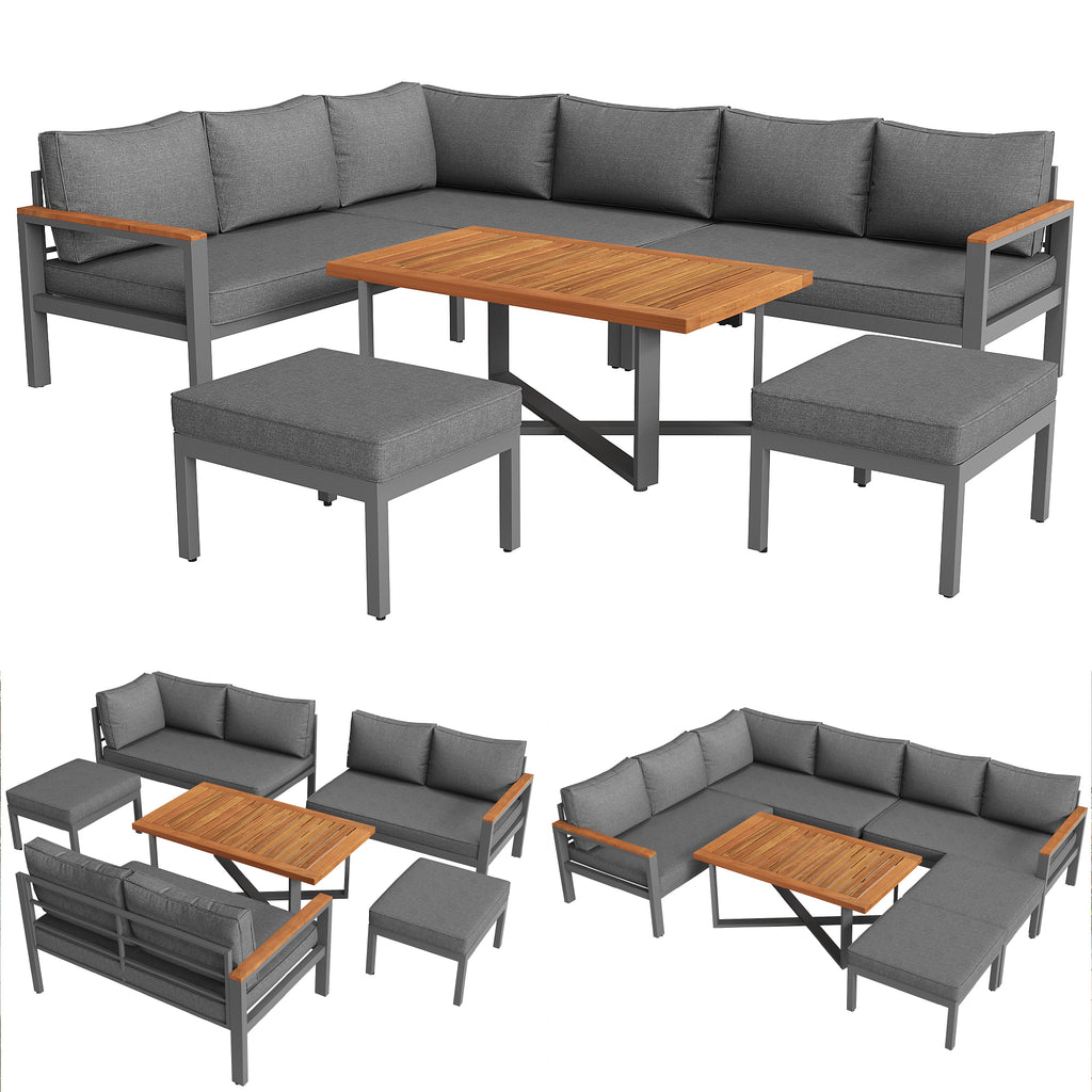 Outdoor Patio&Backyard Furniture Garden Lounge Set for 7-8 people, Thick Quality Space Saving L-Shaped Corner Sofa with Wooden Coffee Table and 2 Stool Table Box, Grey