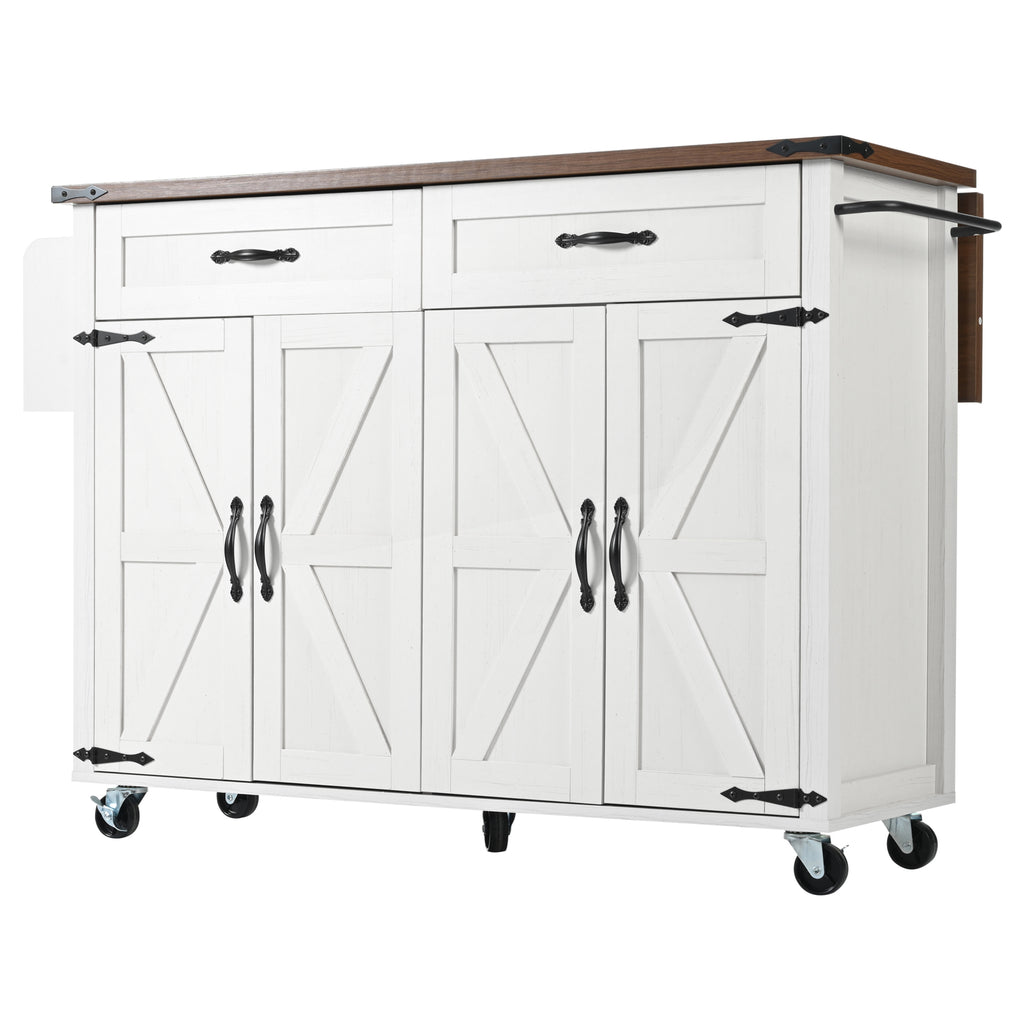 Farmhouse Style Rolling Kitchen Island Storage Trolley with Large Cabinet, 2 Drawers, Adjustable Shelf, Spice&Towel Rack, Dining Room Organiser Sideboard Cupboard Cabinet Cart, White