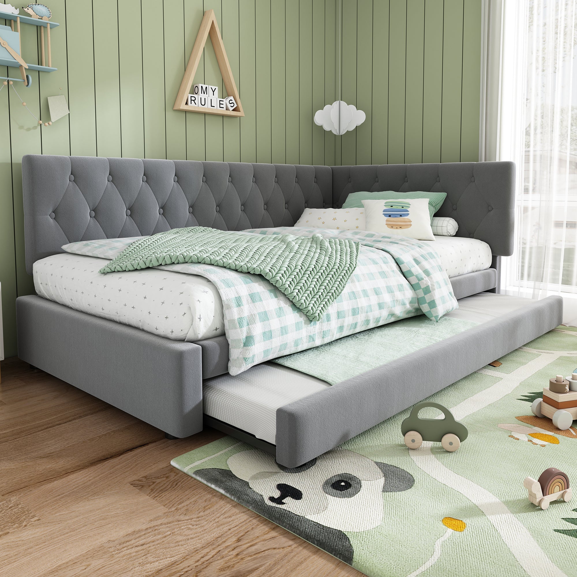 Upholstered Bed Daybed with Pull-Out Bed, 3FT Single Sofa Bed 90 x 190 cm, Ottoman Bed Trundle Beds for Adults and Kids, Bed with Slatted Frame, Velvet, Grey (No Mattress)