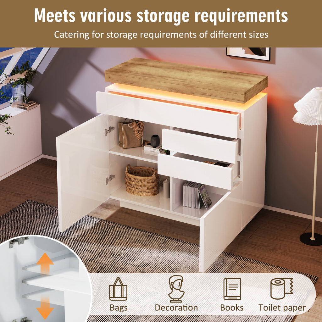 Chest of Drawers,High-gloss Sideboard Cabinet with 2 Doors and 3 Drawers,Storage with RGB LED(App-controlled),Multi-purpose Cabinet for Living Room and Bedroom, 115 x 110 x 39 cm, White