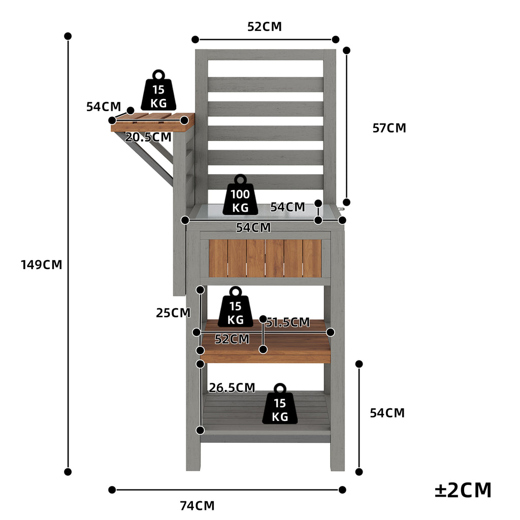 Outdoor wooden garden cabinet, weatherproof – tool shed with large stainless steel work surface and double shelf, grill station with additional storage space, weatherproof kitchen cabinet