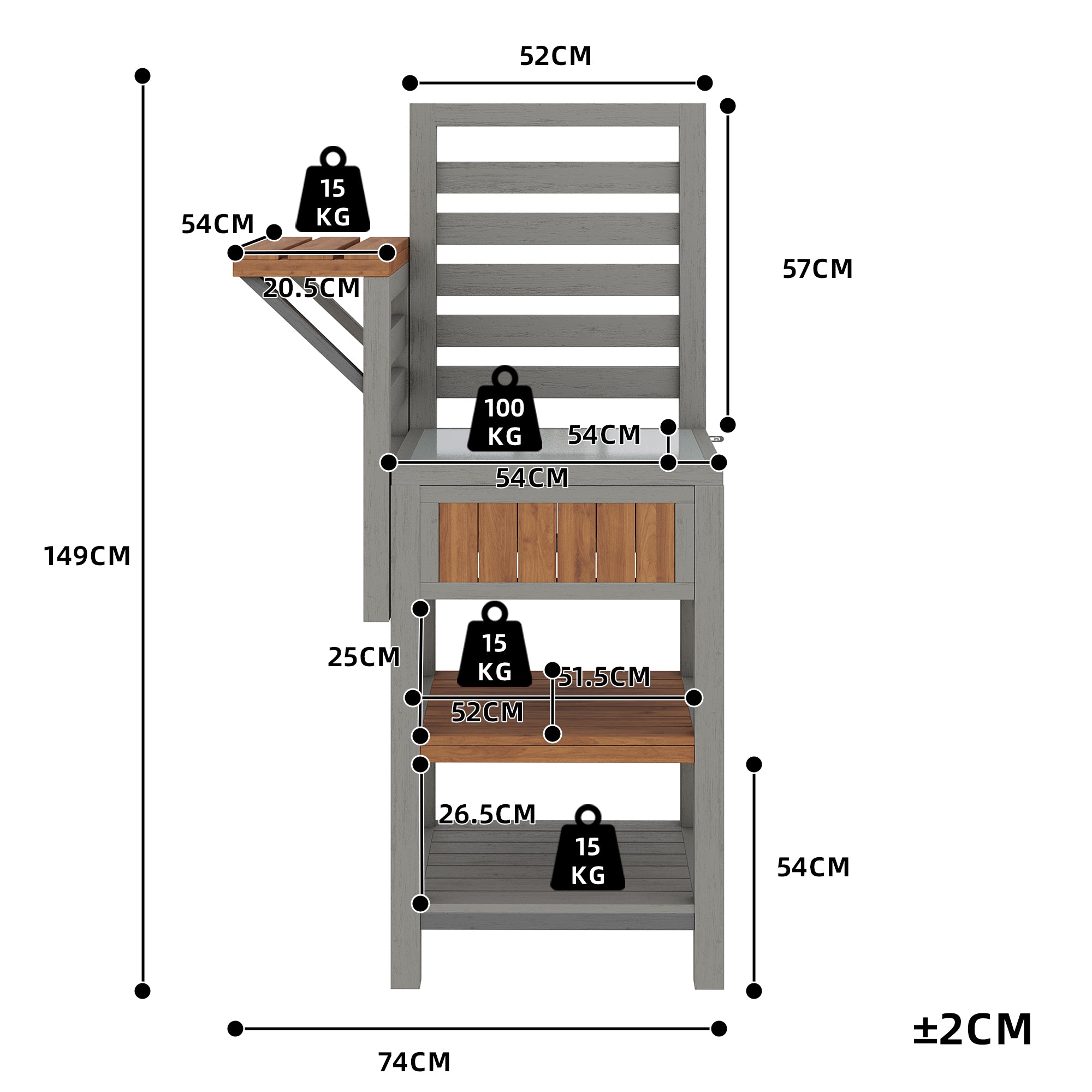 Outdoor wooden garden cabinet, weatherproof – tool shed with large stainless steel work surface and double shelf, grill station with additional storage space, weatherproof kitchen cabinet