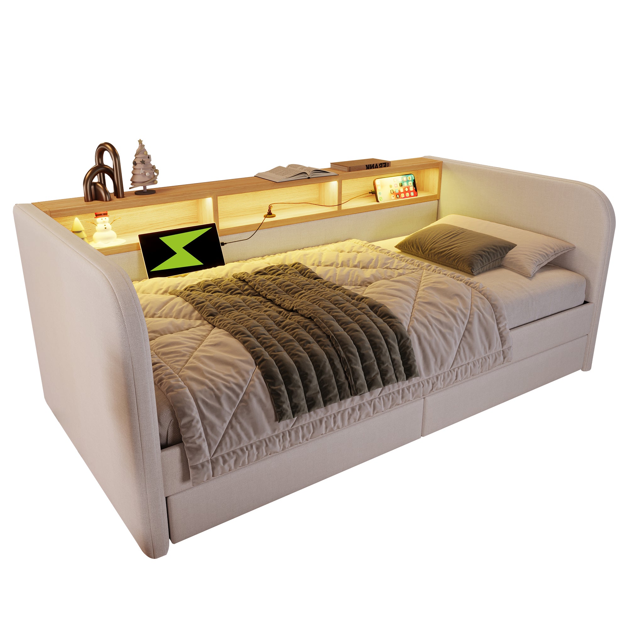 Upholstered Daybed with Headboard Storage, 90 x 190 cm Single Sofa Bed with LED and USB Type-C Reading Light, 3FT Daybed with 2 Drawers, Linen, Beige (Without Mattress)