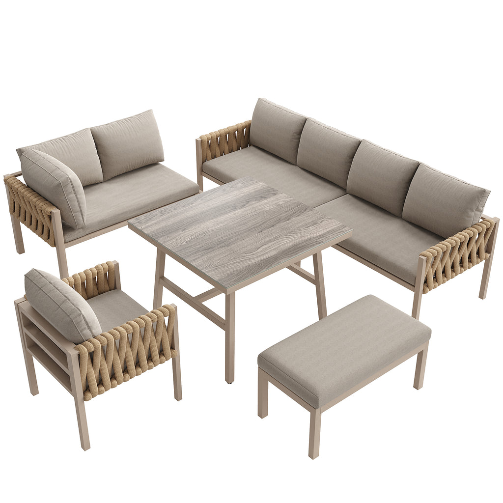 Garden furniture set, rope-weave outdoor sofa set with galvanized steel frame, adjustable legs, L-shaped sofa, tempered glass table top, includes all seat and back cushions, beige