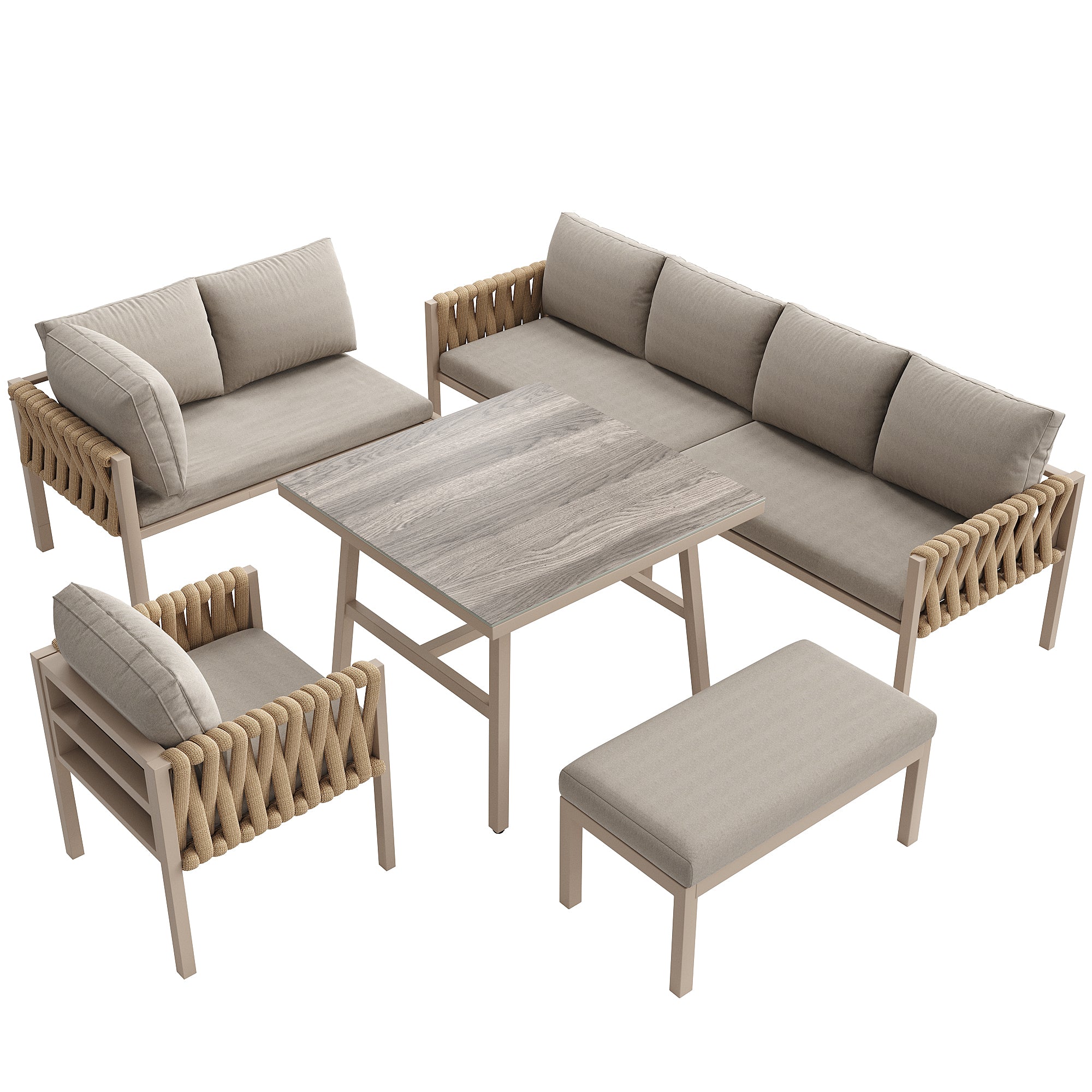 Garden furniture set, rope-weave outdoor sofa set with galvanized steel frame, adjustable legs, L-shaped sofa, tempered glass table top, includes all seat and back cushions, beige