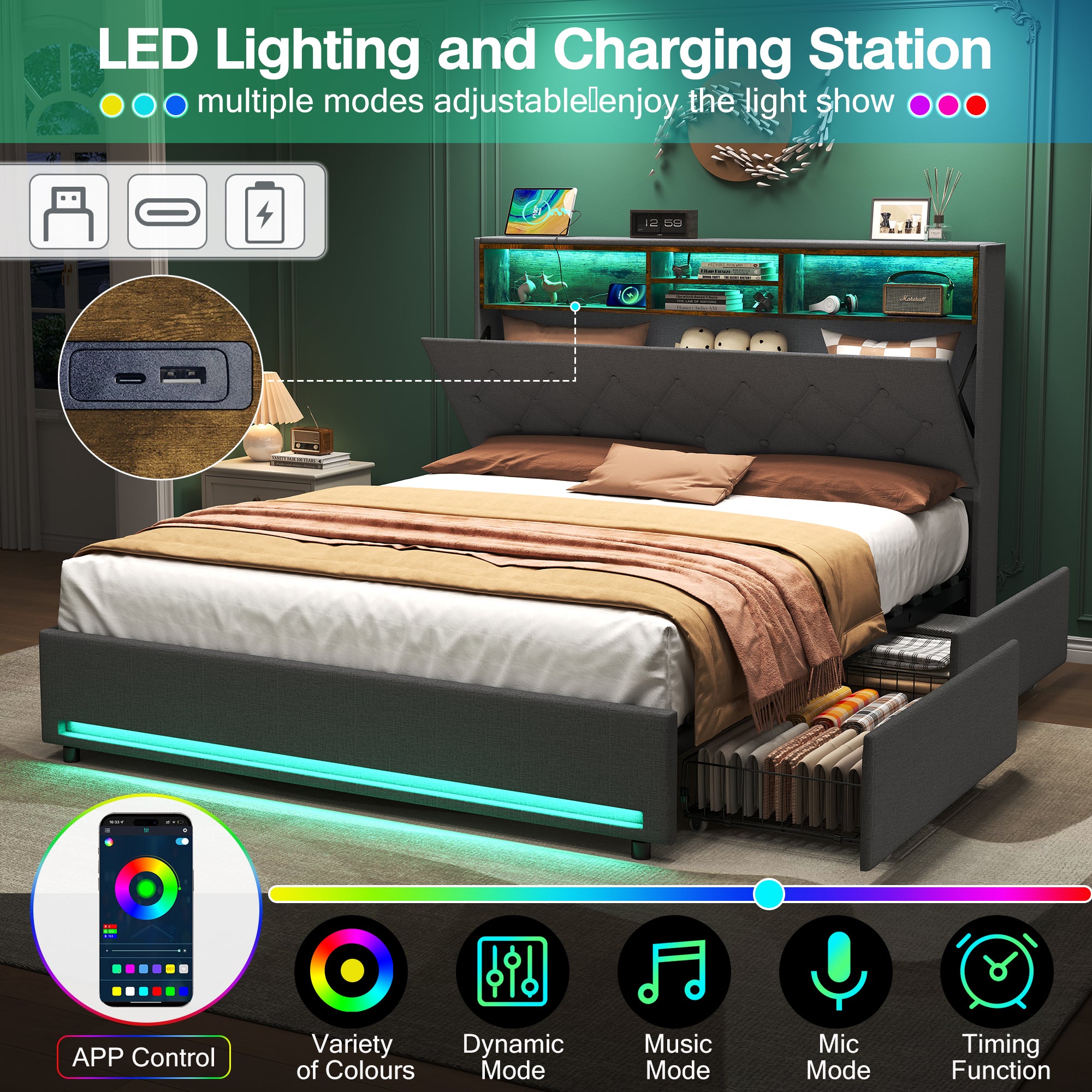 Double Bed with 4 Storage Drawers, Bed Frame with Concealed Headboard Storage, Button Tufted Headboard with RGB LED Lighting and Charging Station, Linen, Grey(No Mattress)