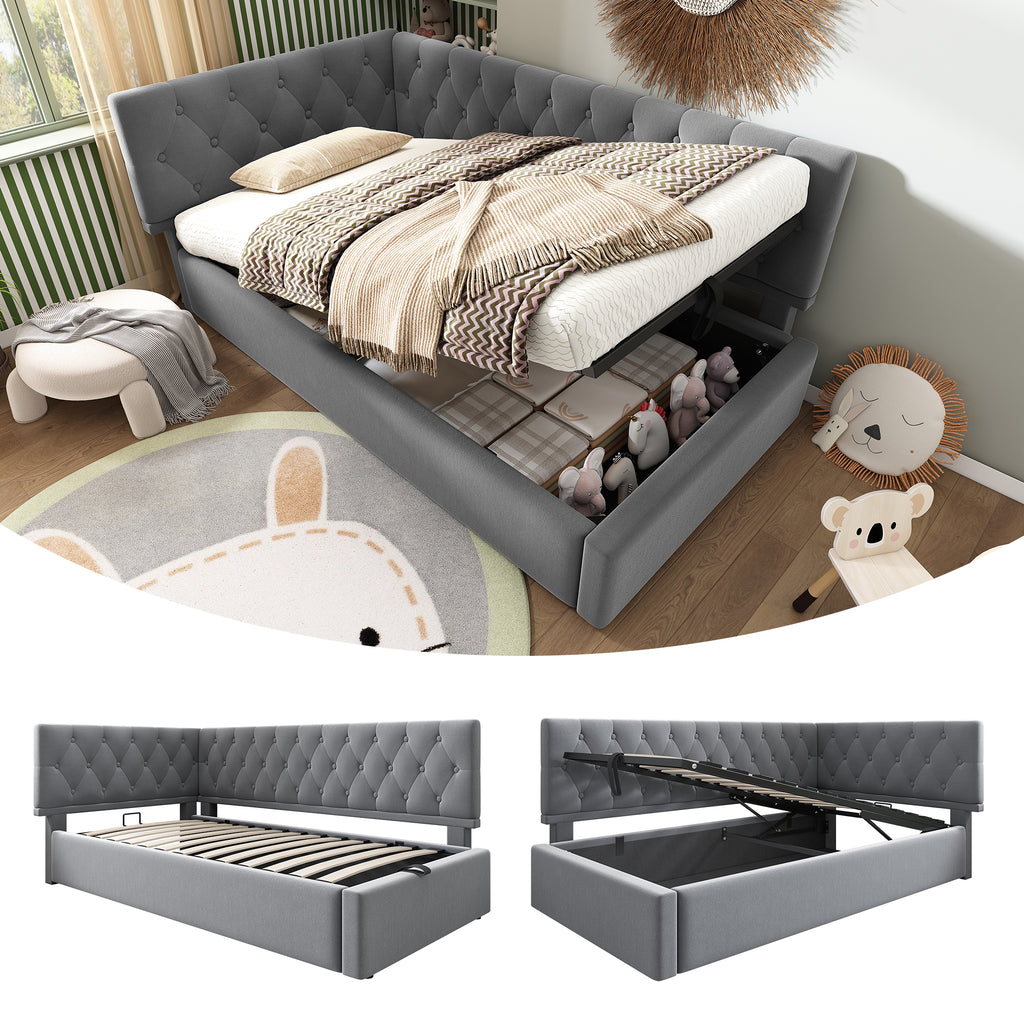 Daybed Upholstered Bed with Storage, 3FT Single Sofa Bed 90 x 190 cm, Ottoman Bed with Hydraulic Storage, Metal Slatted Bed Frame, Velvet, Grey (No Mattress)