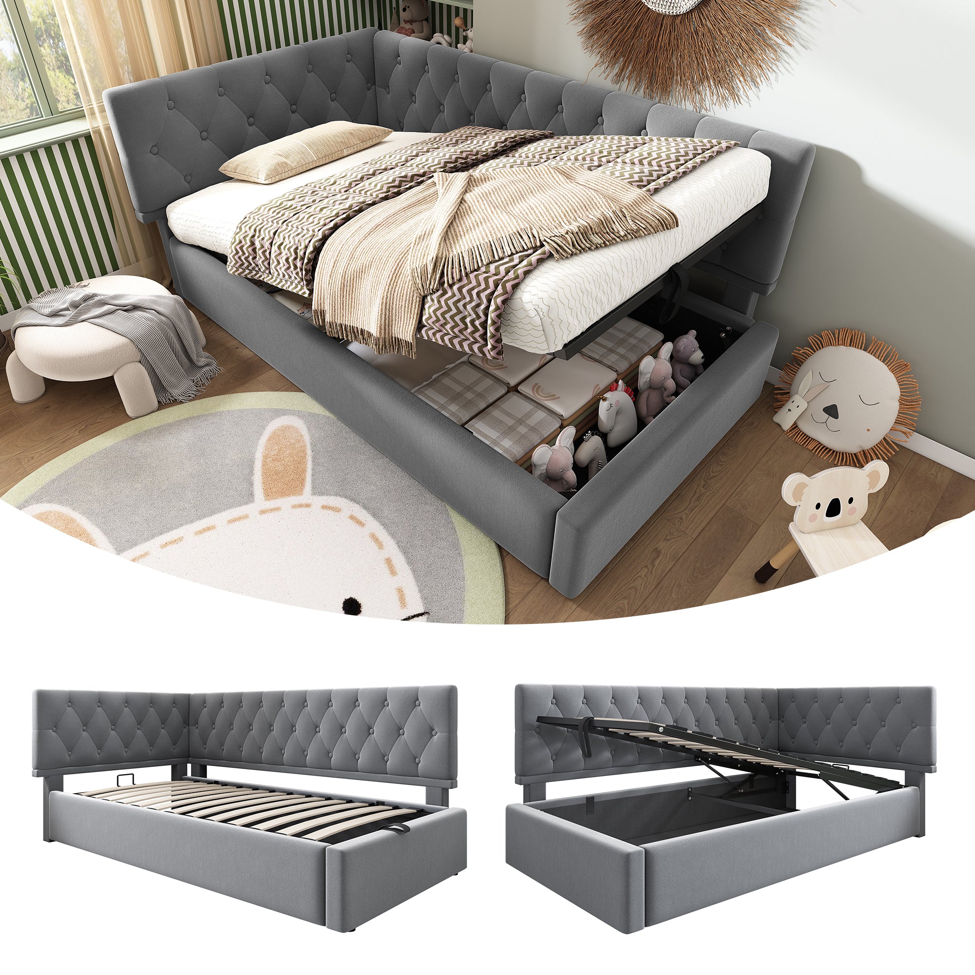 Daybed Upholstered Bed with Storage, 3FT Single Sofa Bed 90 x 190 cm, Ottoman Bed with Hydraulic Storage, Metal Slatted Bed Frame, Velvet, Grey (No Mattress)
