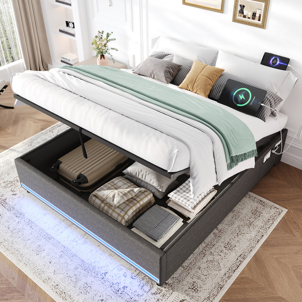4ft6 Double Hydraulic Storage Bed, No Headboard Linen Bed Frame with APP Control LED Lights, Side Charging Station, Side Pockets, Grey (No Mattress)