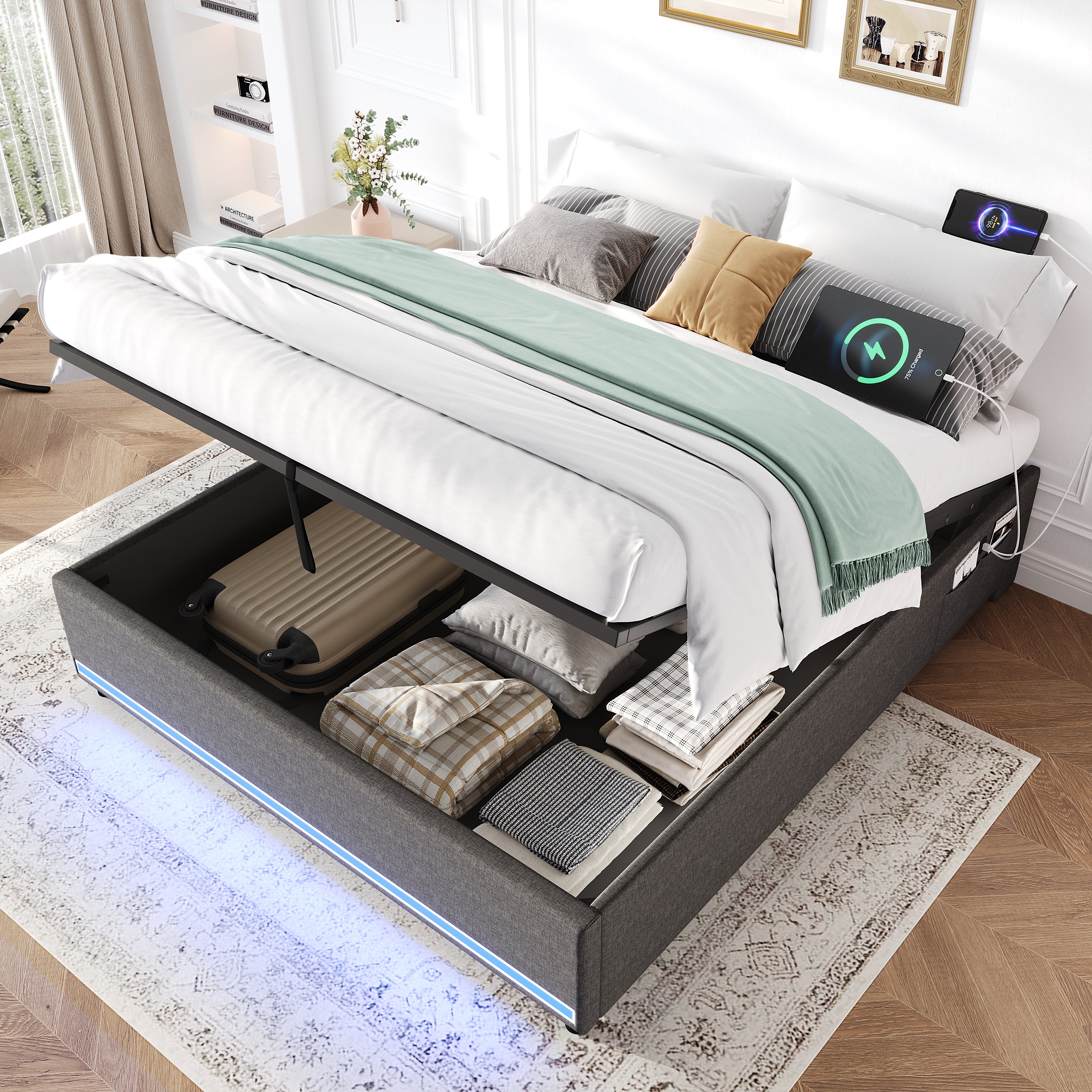 4ft6 Double Hydraulic Storage Bed, No Headboard Linen Bed Frame with APP Control LED Lights, Side Charging Station, Side Pockets, Grey (No Mattress)