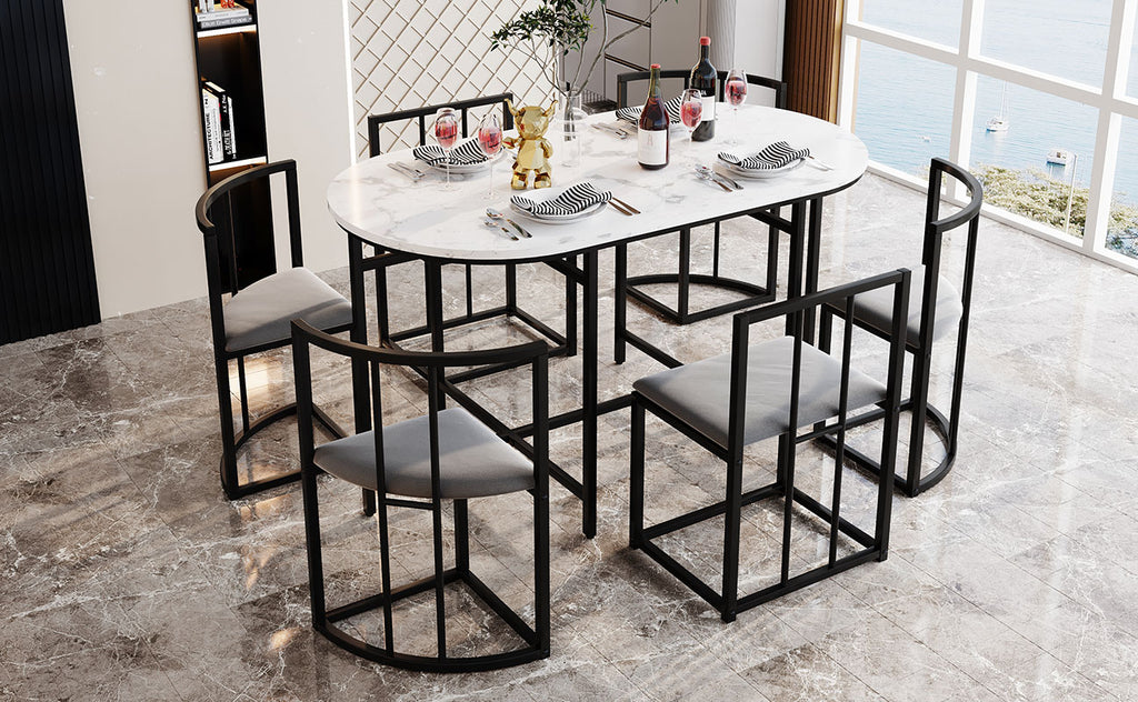 Six-chair dining table set: (White table, chairs with backrests and gray cushions, black iron frame), dining room table and chair set, modern dining table combination
