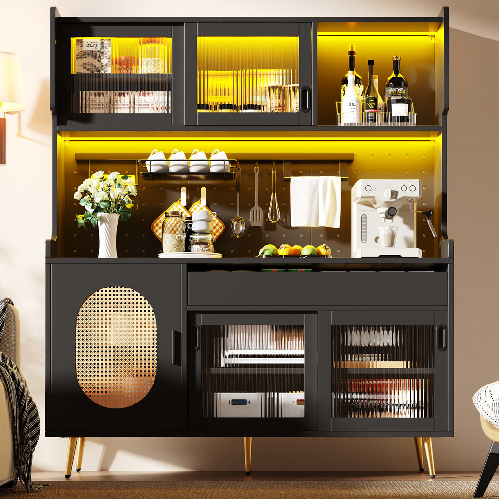 Sideboard / Storage Cabinet / Kitchen Cabinet / Buffet, 145x39x171cm, Country Style, 5 Doors, with LED Light Strip & Pegboard, Fluted Glass Doors, Brown/Black