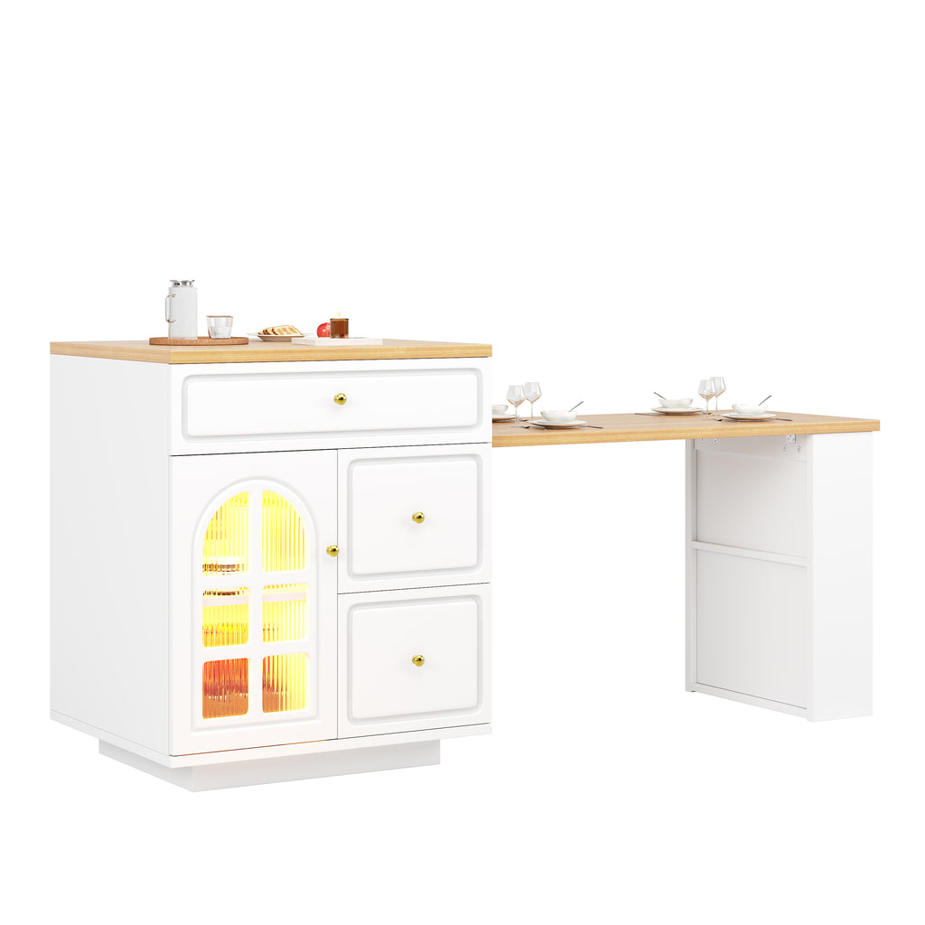 Extendable bar table with storage (122.5-195.5×70×93.5cm), with four drawers and curved glass door, kitchen island with extendable table, LED color light, for 2-6 people, kitchen dining cart with side