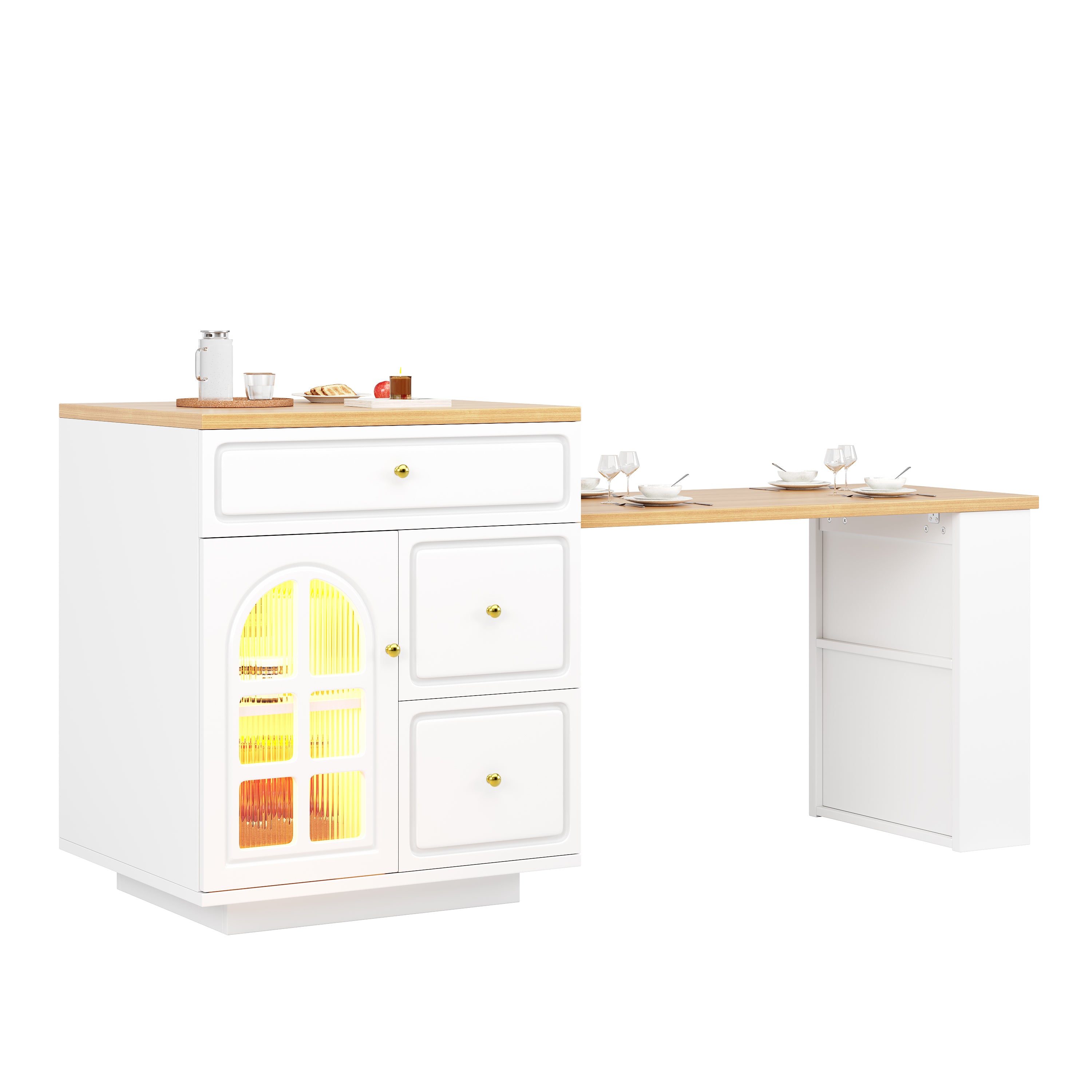 Extendable bar table with storage (122.5-195.5×70×93.5cm), with four drawers and curved glass door, kitchen island with extendable table, LED color light, for 2-6 people, kitchen dining cart with side