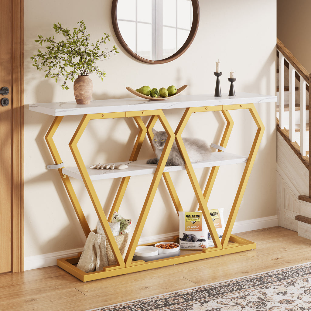 Console table (1 piece) - 120 x 29.5 x 80 cm - Dining & kitchen table, balcony table - Wooden table with marble-look top