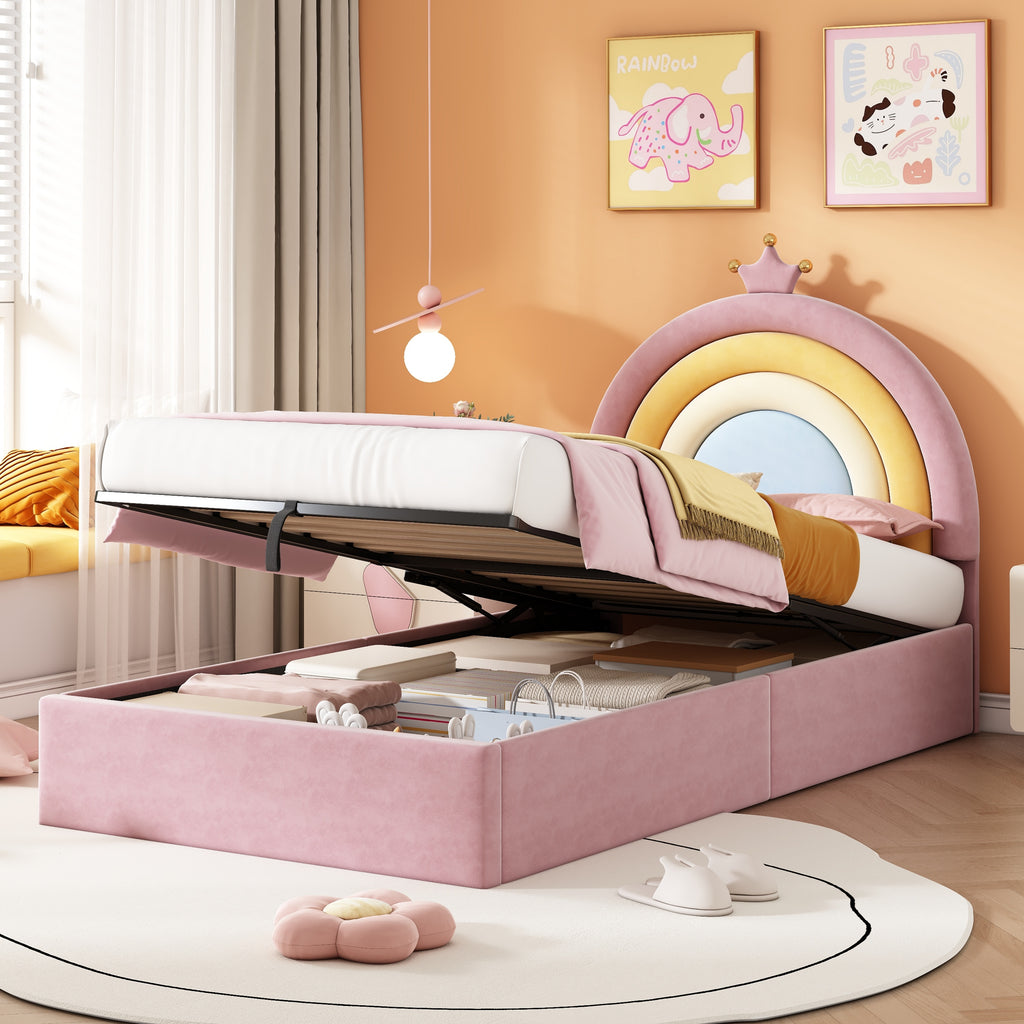 3ft Single Upholstered Hydraulic Bed with Adjustable Rainbow Headboard, Soft Velvet Bed Frame with Hydraulic Storage, Stylish Rainbow Headboard with Crown, No Box Spring Needed, Pink (No Mattress)