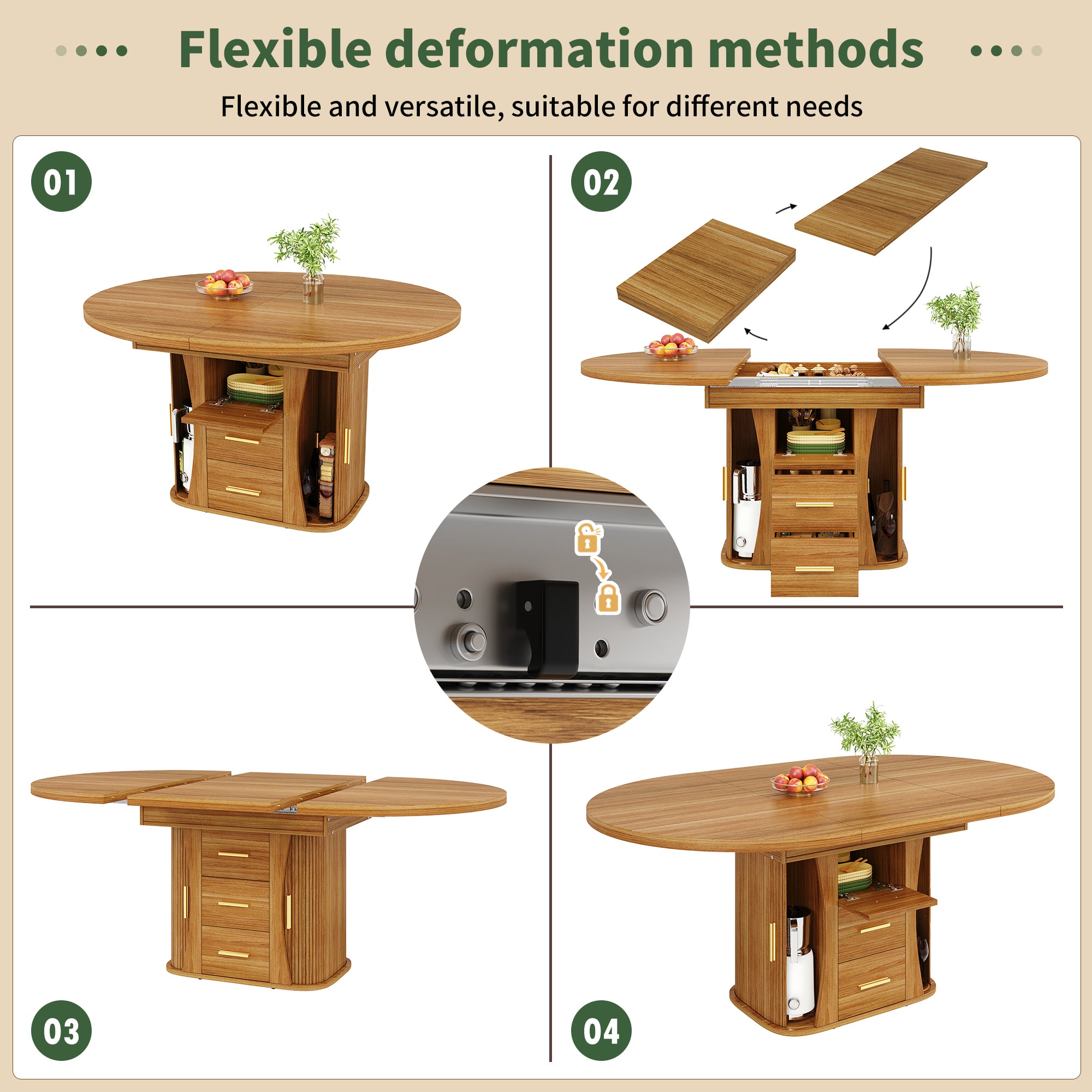 Extendable dining table, dining room table, kitchen table, round dining table, extends to oval, 118-158 cm, seats up to 6 people, three-tier storage, walnut
