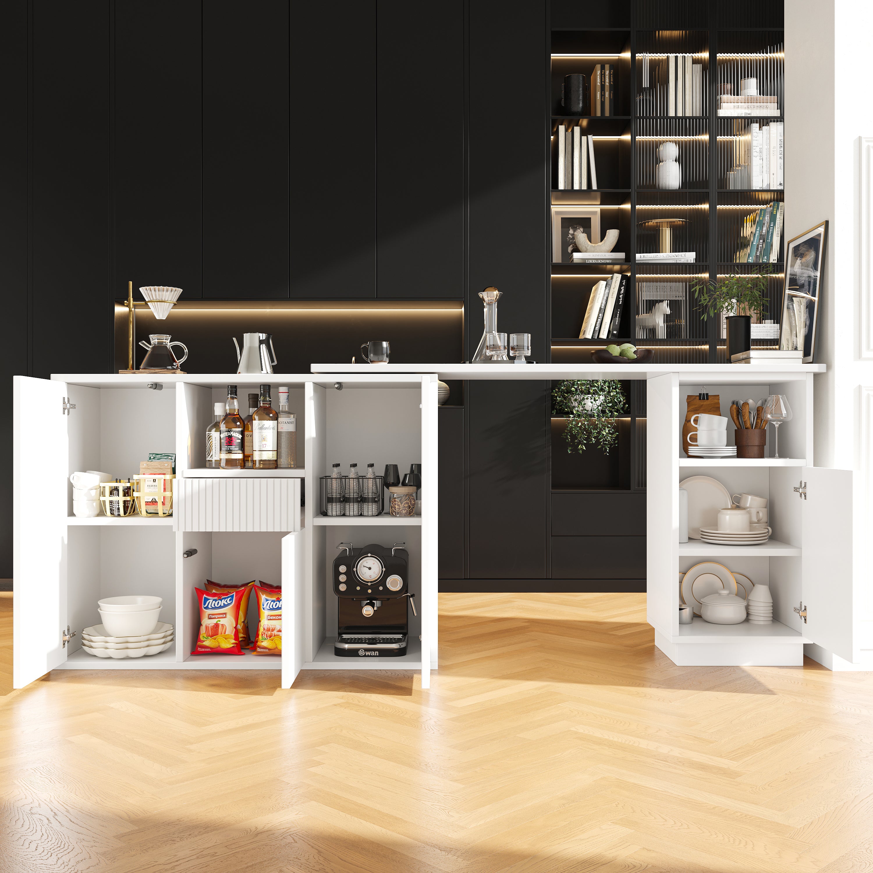 360° swivelling bar table (main body 198.5 x 30 x 75 cm), modern and sleek design, with open storage space and marble worktop, suitable for kitchen, living room and dining room, white