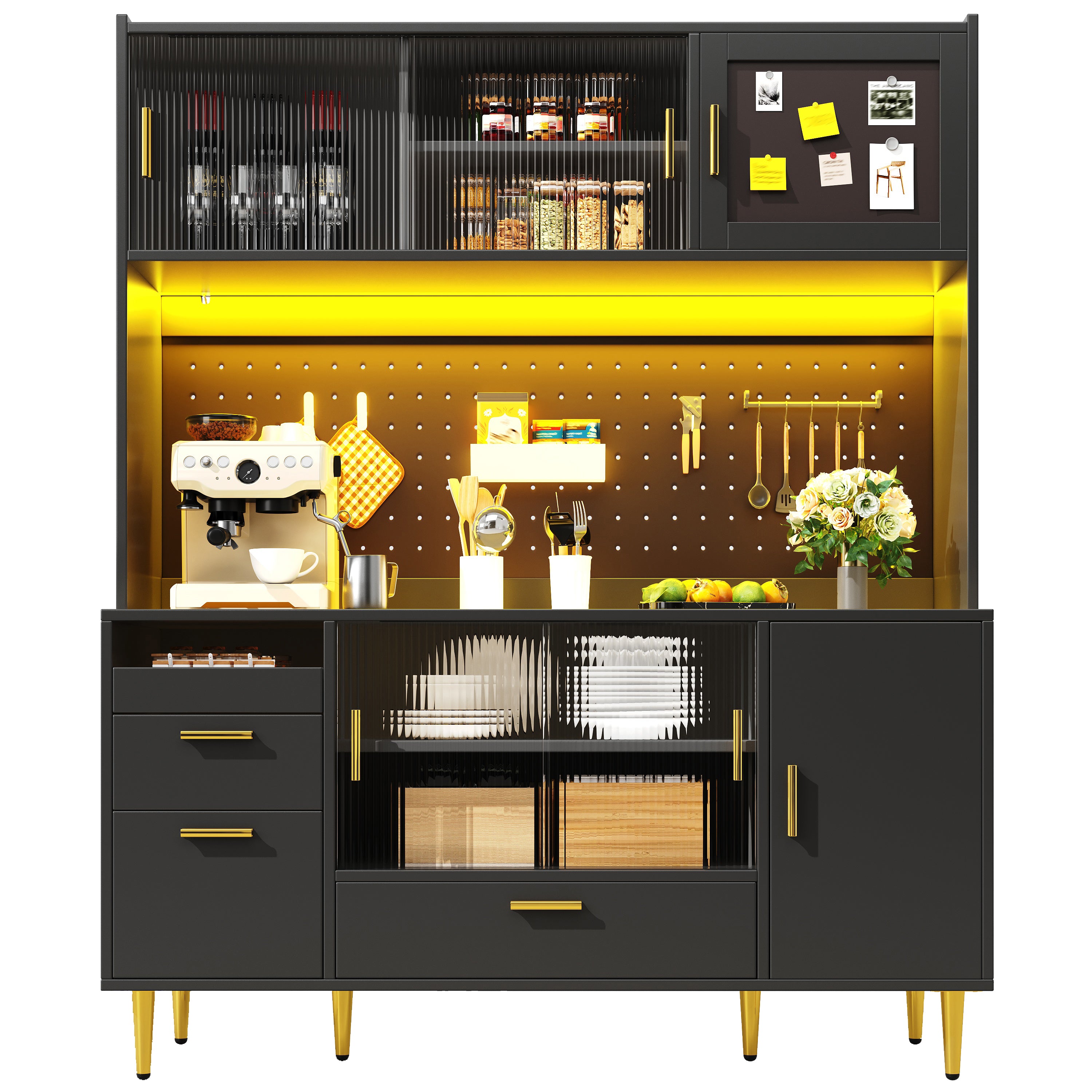 Tall cabinets for the living room (140×40×180cm), kitchen cabinet, dining room cabinet, cabinets with LED lighting, magnetic door panels, tall cabinet with pegboard shelves, black