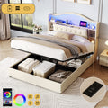 4ft6 Double Upholstered Bed Frame with Hydraulic Storage, LED Curved Button Tufted Headboard with Charging Station and Concealed Headboard Storage, USB and Type - C Ports, Linen, Beige (No Mattress)