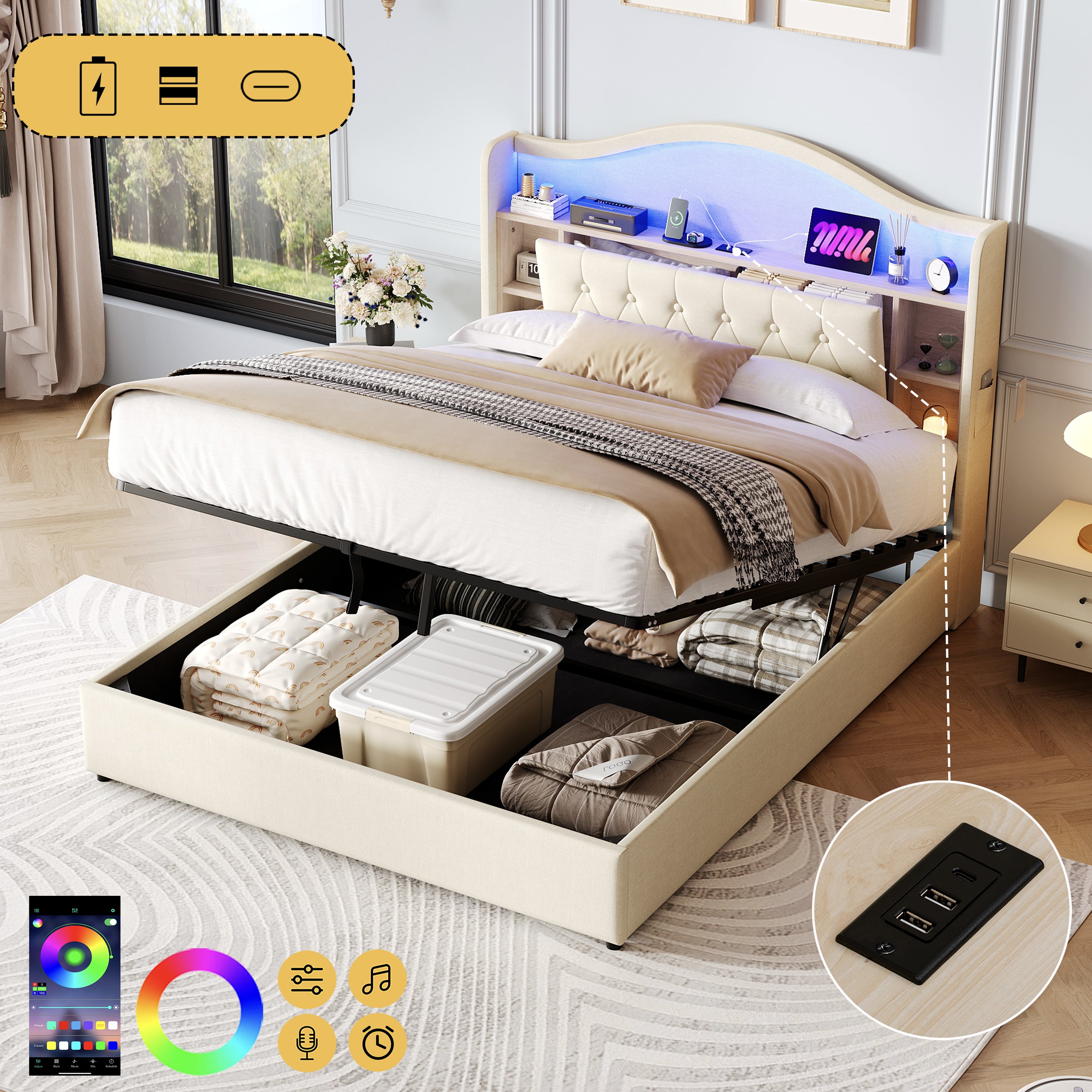 4ft6 Double Upholstered Bed Frame with Hydraulic Storage, LED Curved Button Tufted Headboard with Charging Station and Concealed Headboard Storage, USB and Type - C Ports, Linen, Beige (No Mattress)