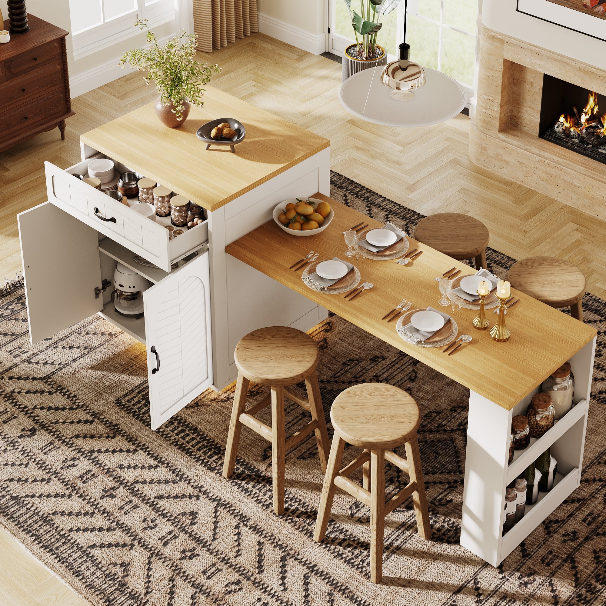 Extendable Kitchen Island with Dining Table, Multifunctional Storage Cabinet with Drawers, Doors, Wine Rack & LED Light, for Kitchen & Dining Room