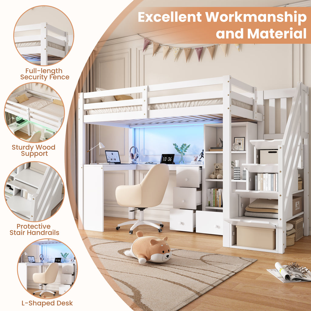 3ft Single Loft Bed with L-Shaped Desk & Storage Stairs, Wooden Bed Frame with Smart RGB LED Lights, Integrated Drawers & Individual Storage Locker, Modern Space-Saving Solution, White (No Mattress)