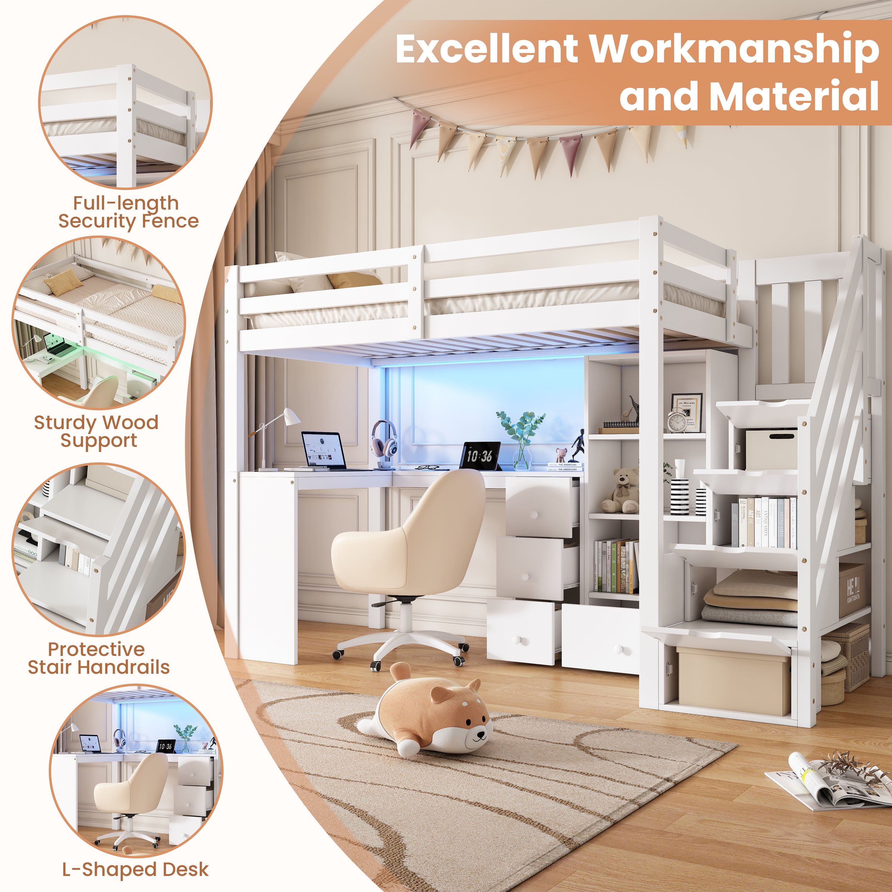 3ft Single Loft Bed with L-Shaped Desk & Storage Stairs, Wooden Bed Frame with Smart RGB LED Lights, Integrated Drawers & Individual Storage Locker, Modern Space-Saving Solution, White (No Mattress)