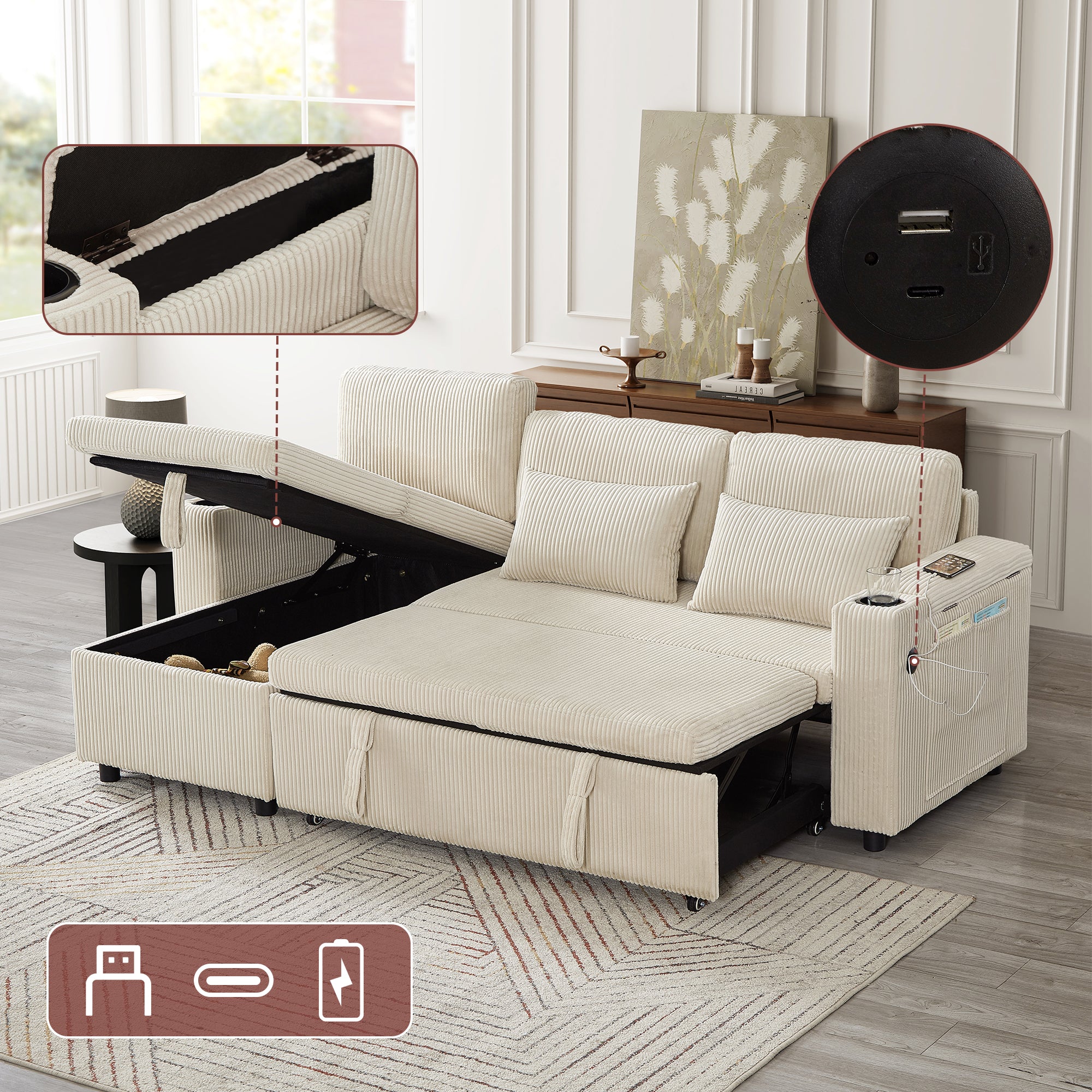 3 in 1 Convertible Corduroy Sofa Bed with Storage Chaise, L Shaped Sleeper Sofa Couches with Armrest Storage and Charging Station. Pullout Sectional Daybed for Living Room/Bedroom/Office, Beige