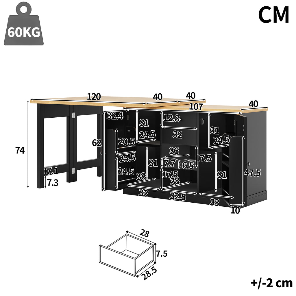 Extendable Sideboard & Dining Table Combo, 2 Drawers & Snack rack, Space-Saving Sideboard for Small Flats, White/Black