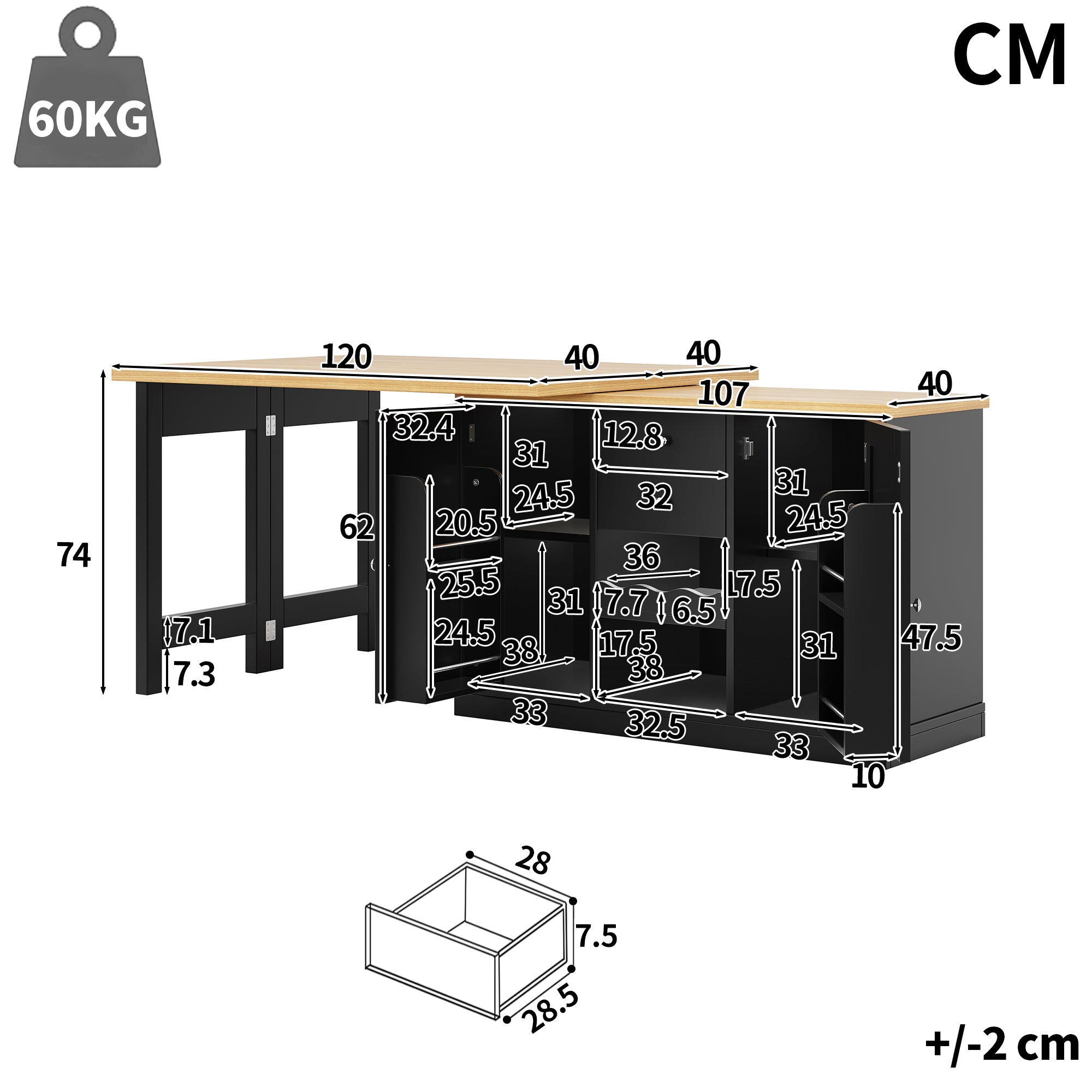 Extendable Sideboard & Dining Table Combo, 2 Drawers & Snack rack, Space-Saving Sideboard for Small Flats, White/Black