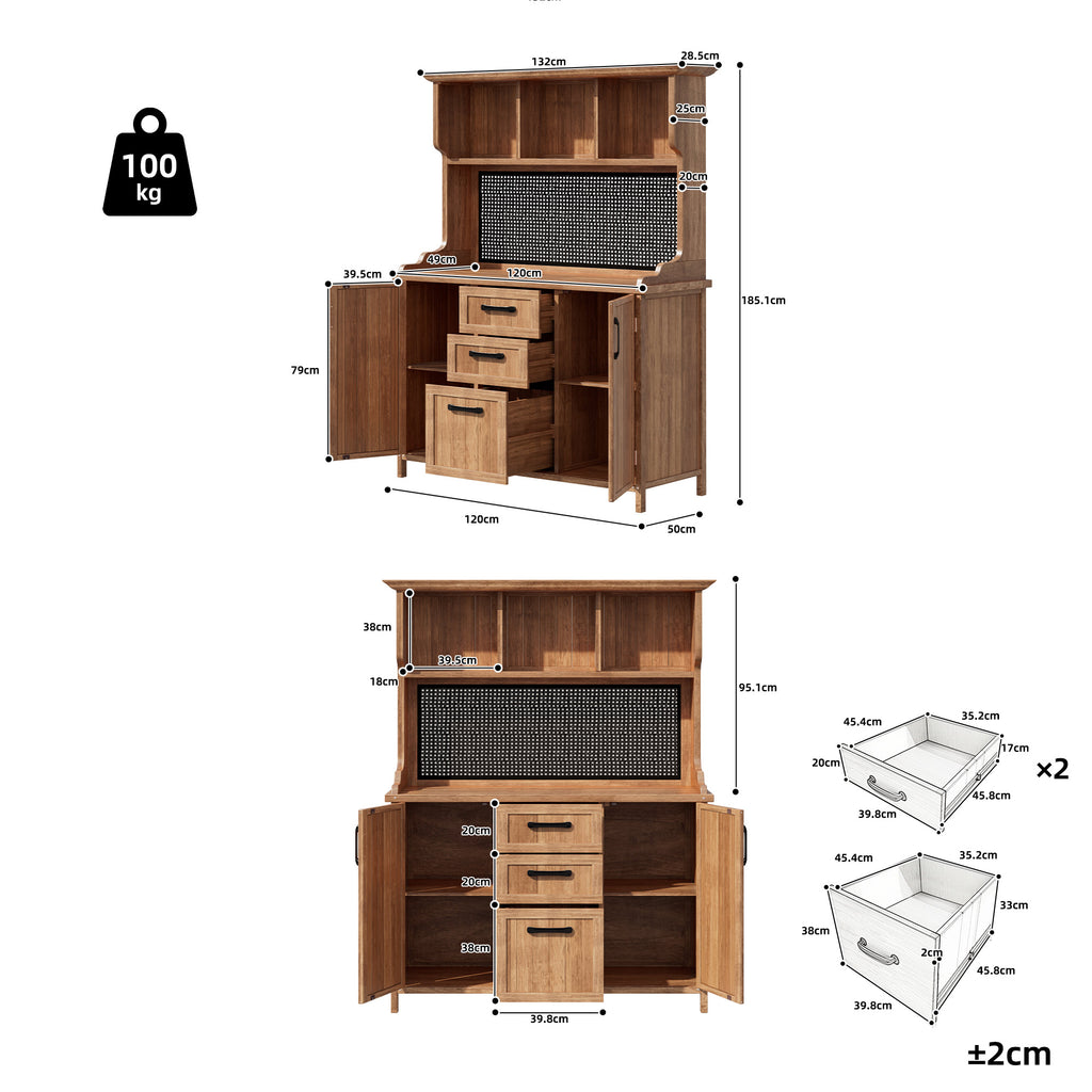 Wooden garden cabinet, garden tool cabinet made of solid fir wood – freestanding cabinet with 3 drawers, 3 compartments, metal pegboard and adjustable shelves
