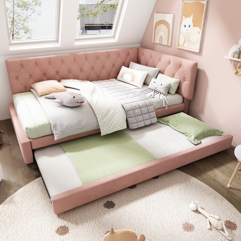 Upholstered Bed Daybed with Pull-Out Bed, 3FT Single Sofa Bed 90 x 190 cm, Ottoman Bed Trundle Beds for Adults and Kids, Bed with Slatted Frame, Velvet, Pink (No Mattress)
