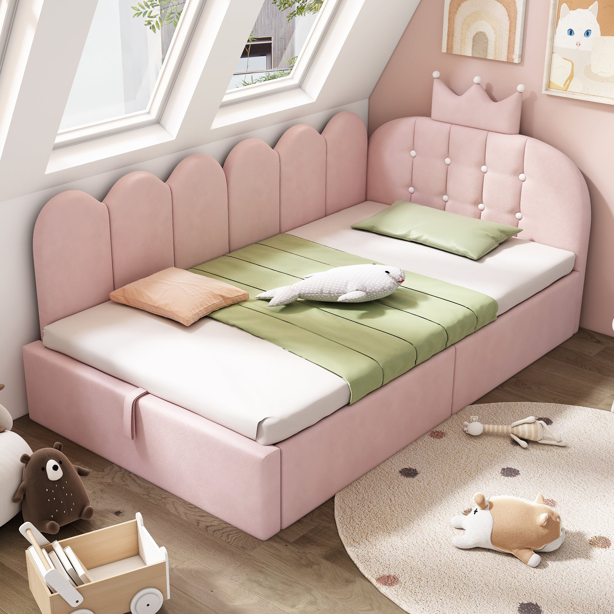 Upholstered Daybed with Hydraulic Storage, 3FT Single Sofa Bed 90 x 190 cm, Crown-shaped Bed Guest Beds for Adults & Children, Velvet, Pink (No Mattress)