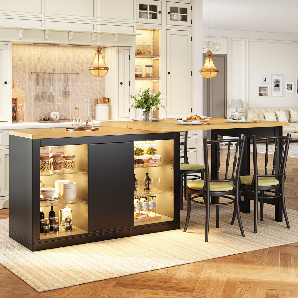 Extendable Sideboard with LED Lights, 120-197 cm Adjustable Dining Table with Storage, Kitchen cabinet with glass shelves & snack rack, White/Black