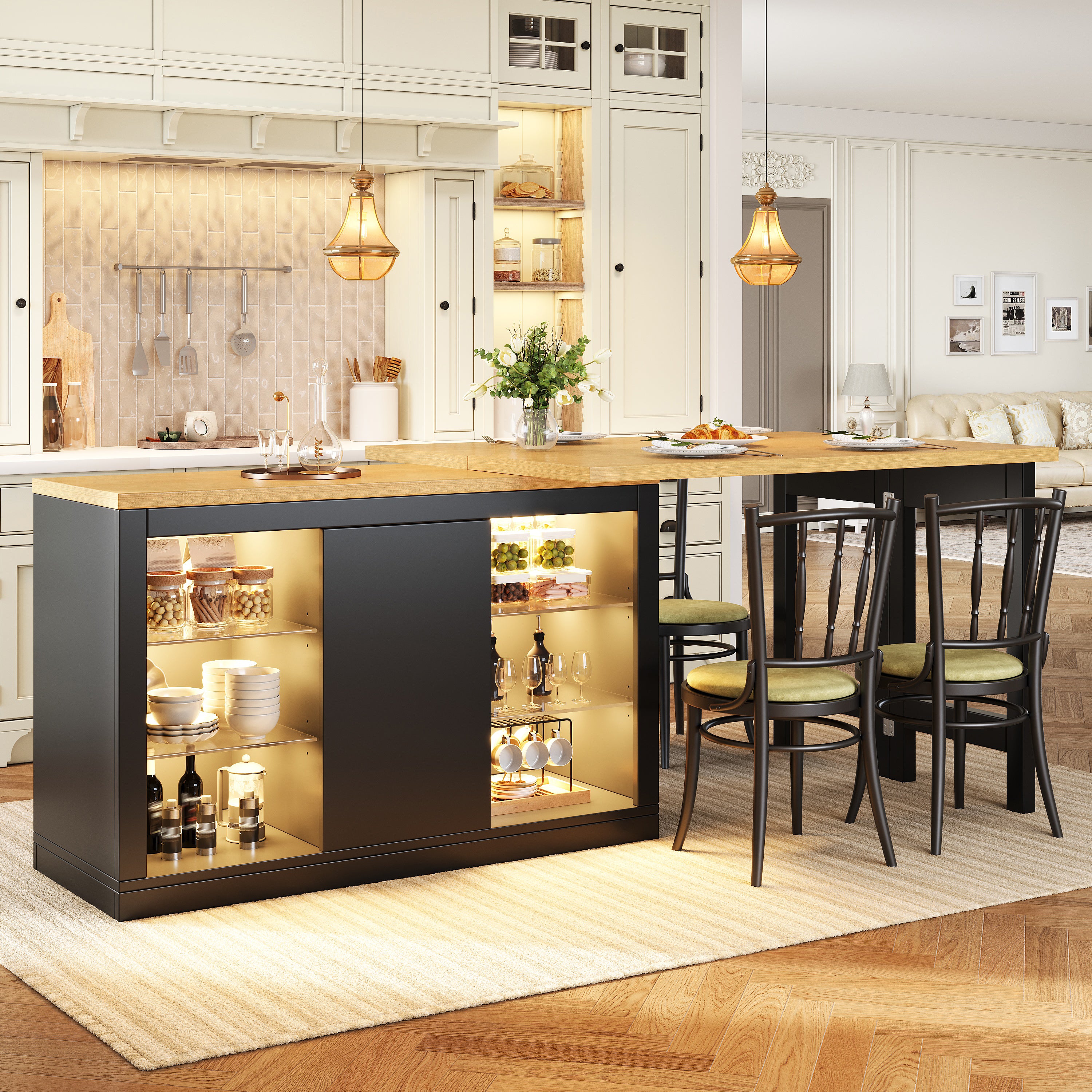Extendable Sideboard with LED Lights, 120-197 cm Adjustable Dining Table with Storage, Kitchen cabinet with glass shelves & snack rack, White/Black