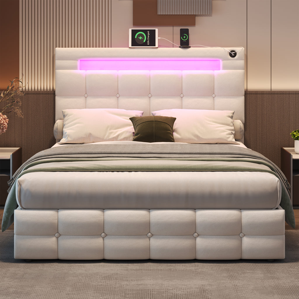 4ft6 Double Upholstered Bed Frame with Hydraulic Storage, Velvet Ottoman Bed with LED Lighting and Charging Station,  Double Bed with Adjustable Button Tufted Headboard, Beige (No Mattress)