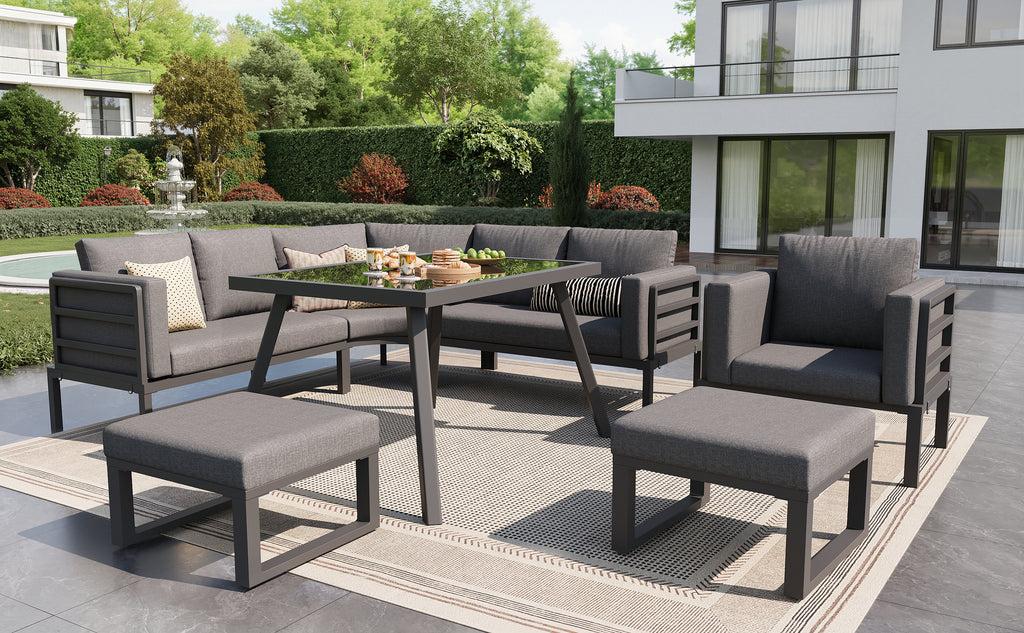 Crescent-shaped garden sofa set for 8 people / Sturdy iron frame with grey cushions / Complete with glass table, 1 armchair & 2 stools / Weatherproof patio furniture for balcony