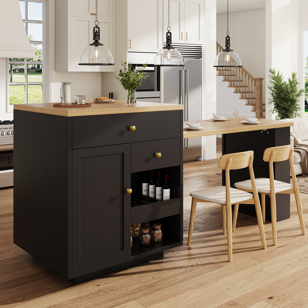 Extendable bar table with storage (122.5-195.5×70×93.8cm), with three drawers and wine rack, kitchen island with extendable table, for 2-6 people, kitchen dining cart with side shelves, black