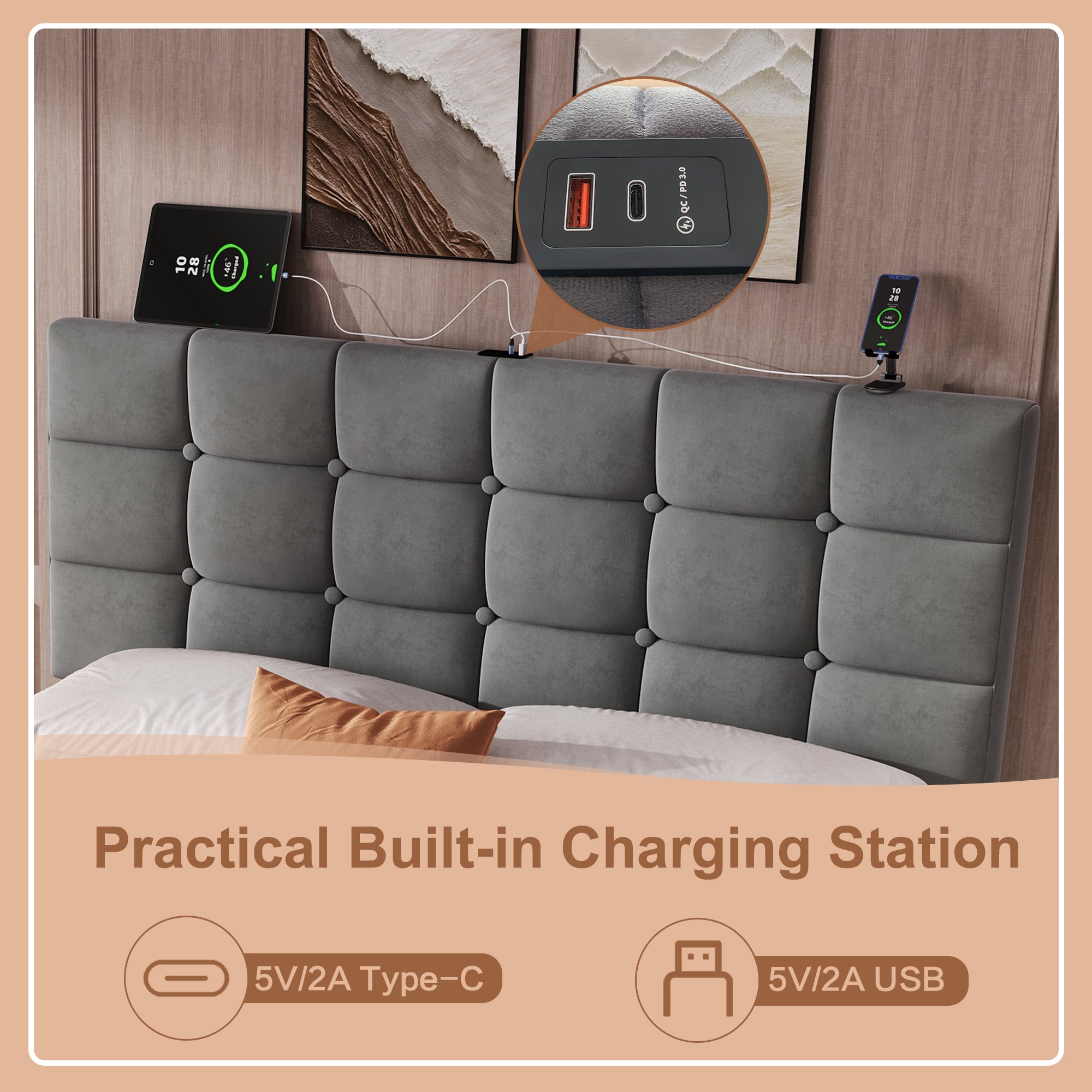 4ft6 Double Upholstered Bed with 4 Storage Drawers, Velvet Bed Frame with Charging Station. Adjustable Button Tufted Headboard with USB and Type - C Ports, No Box Spring Needed, Grey (No Mattress)