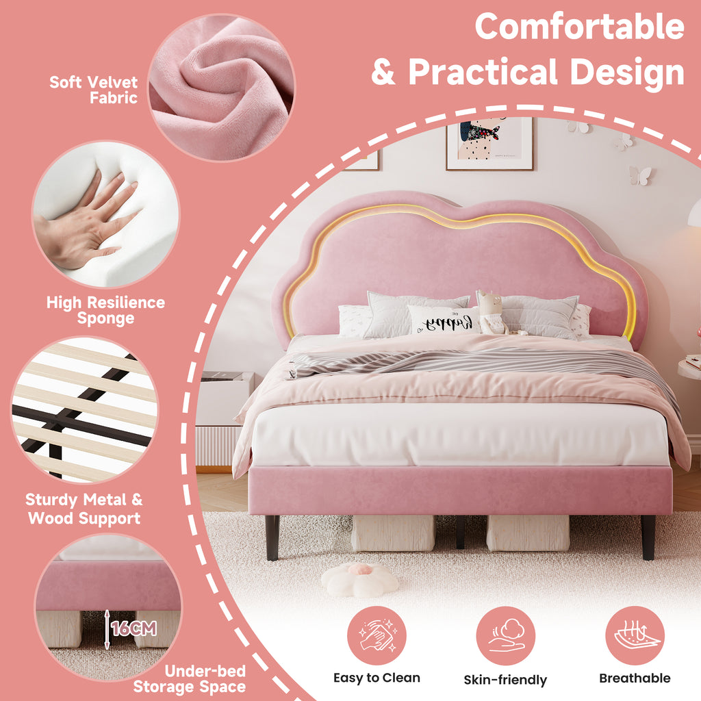 4ft6 Double Upholstered Bed with LED Adjustable Cute Cloud Headboard, Soft Velvet Bed Frame with Solid Wood Slat, No Box Spring Needed, Easy Assembly, Pink (No Mattress)